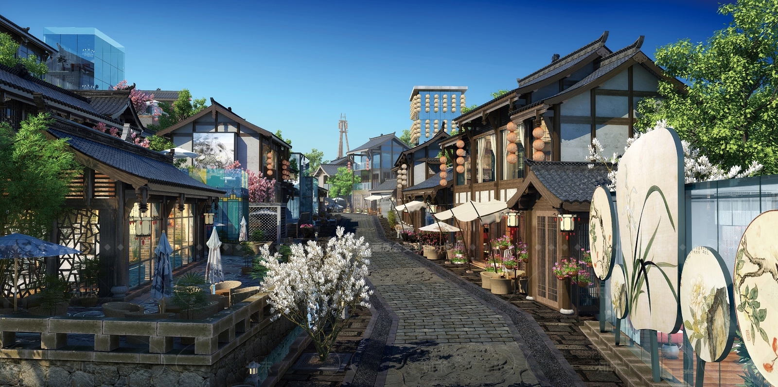 新中式中式商业街SU模型下载【ID:1206557186】