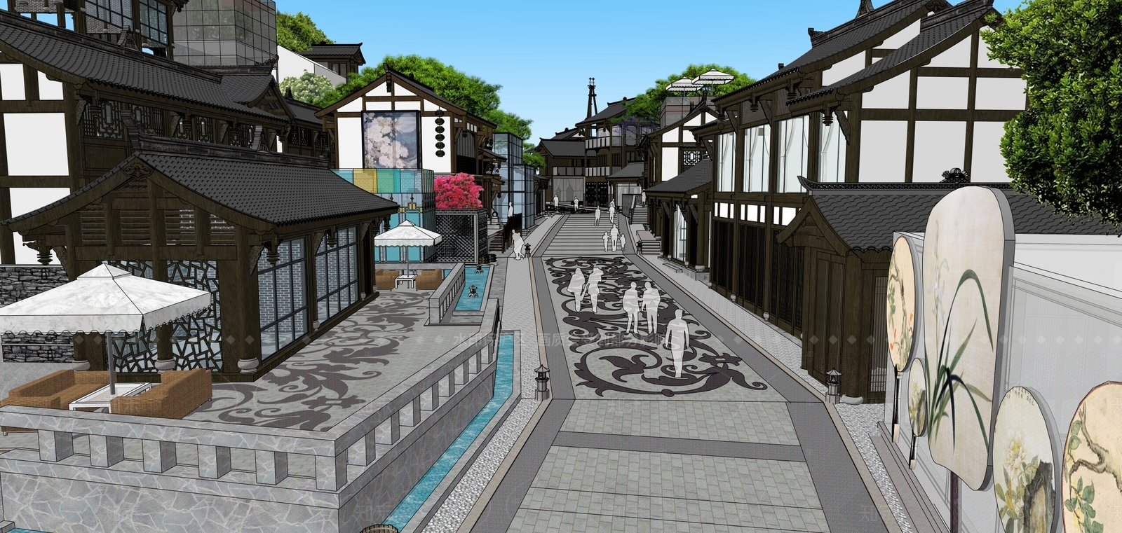 新中式中式商业街SU模型下载【ID:1206557186】
