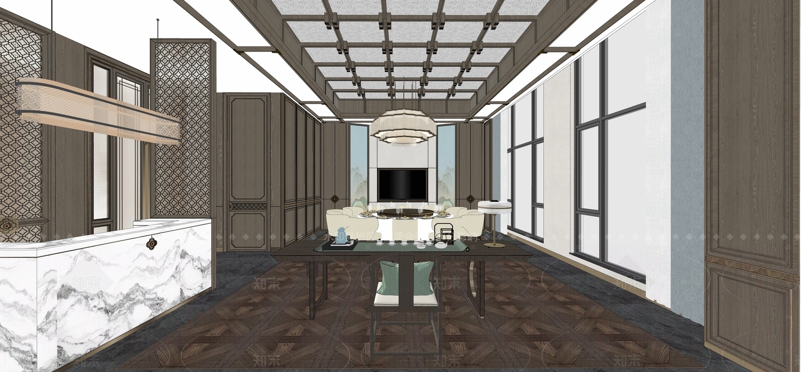 新中式中餐厅SU模型下载【ID:1206603488】