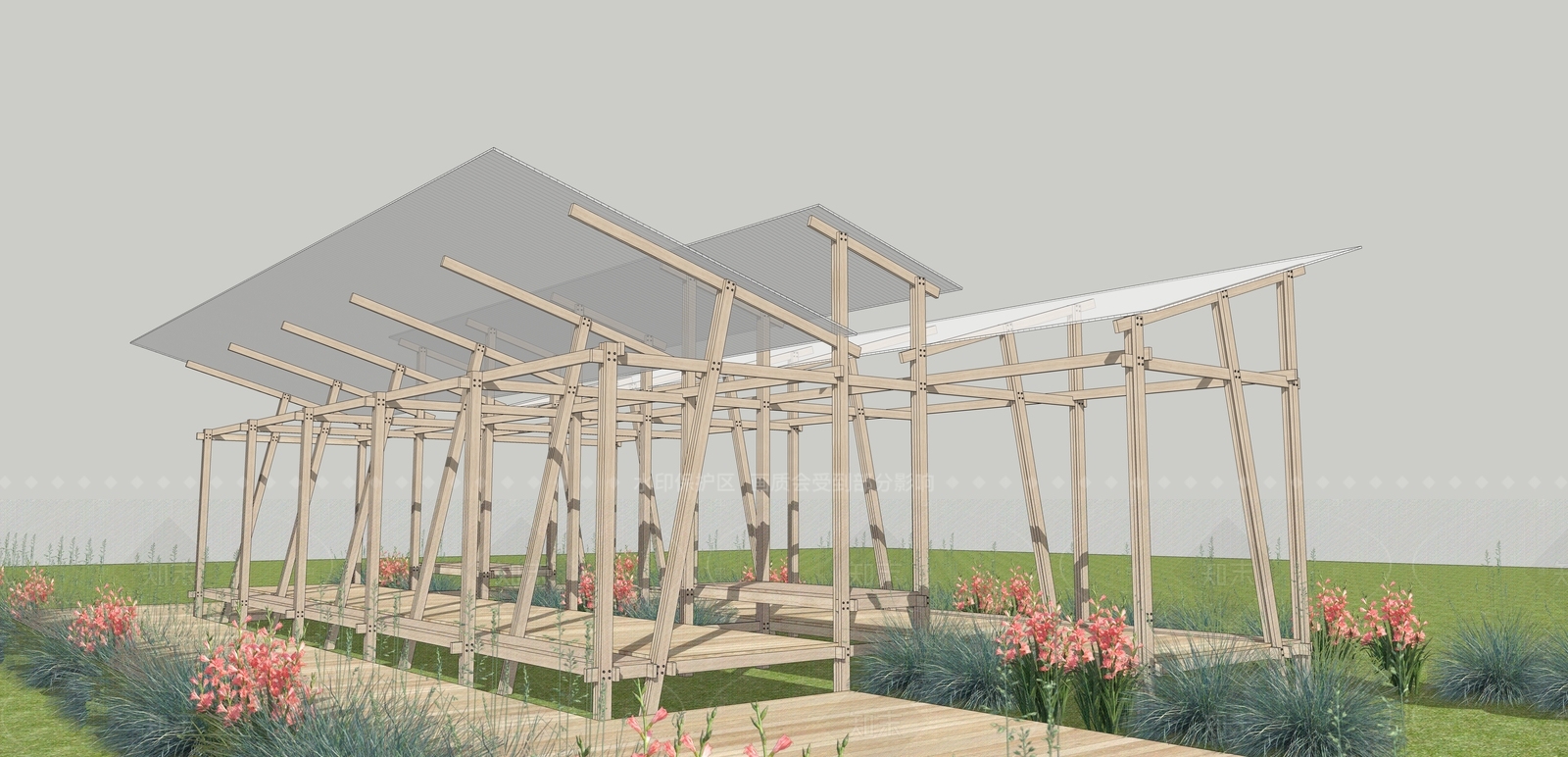 现代原木廊架空间SU模型下载【ID:1206622924】