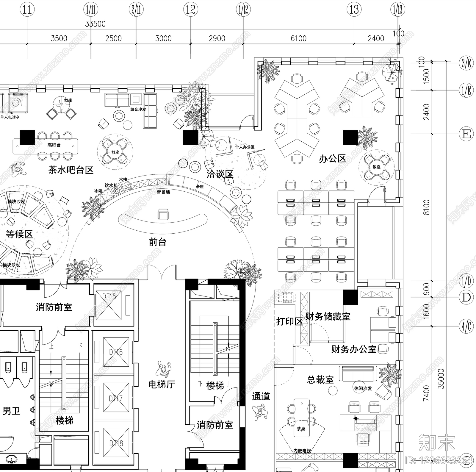 现代开放办公室cad施工图下载【ID:1206623264】