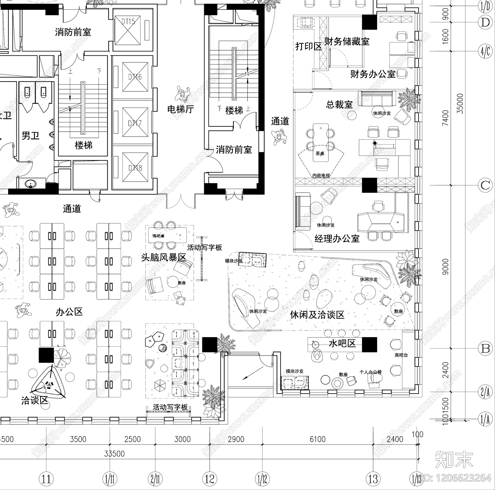 现代开放办公室cad施工图下载【ID:1206623264】