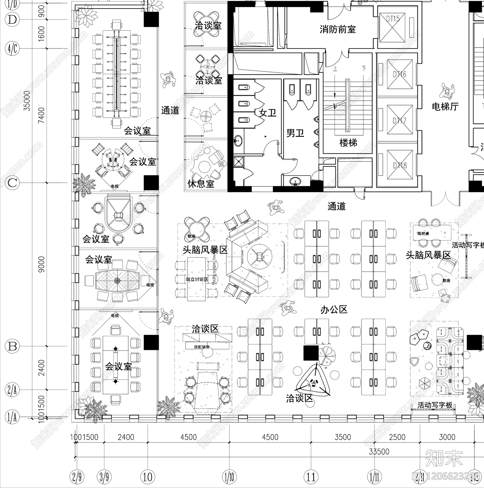 现代开放办公室cad施工图下载【ID:1206623264】