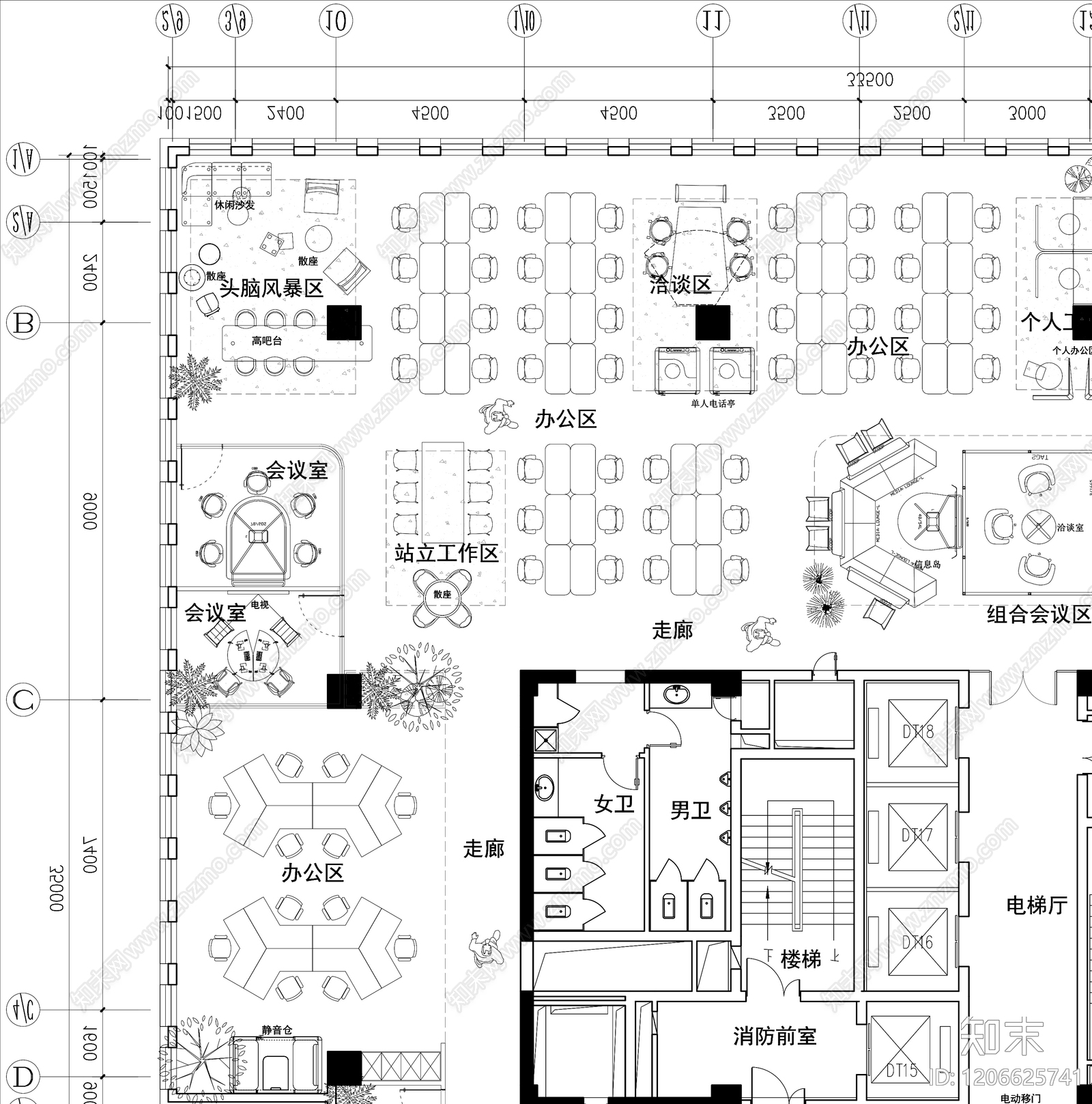 现代开放办公室cad施工图下载【ID:1206625741】