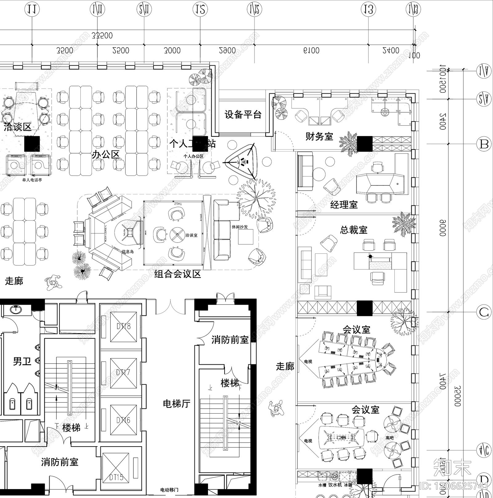 现代开放办公室cad施工图下载【ID:1206625741】