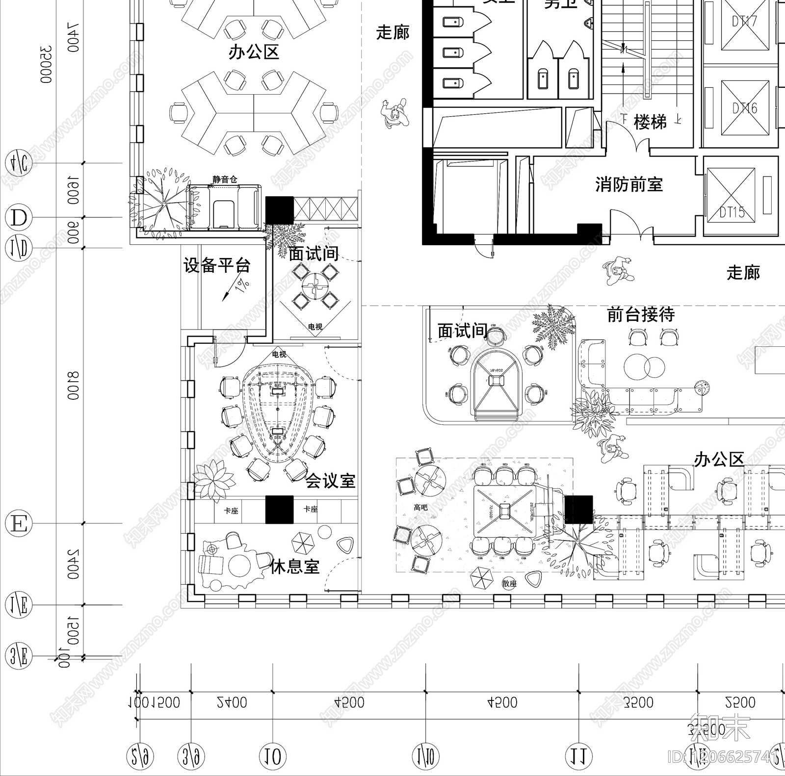 现代开放办公室cad施工图下载【ID:1206625741】