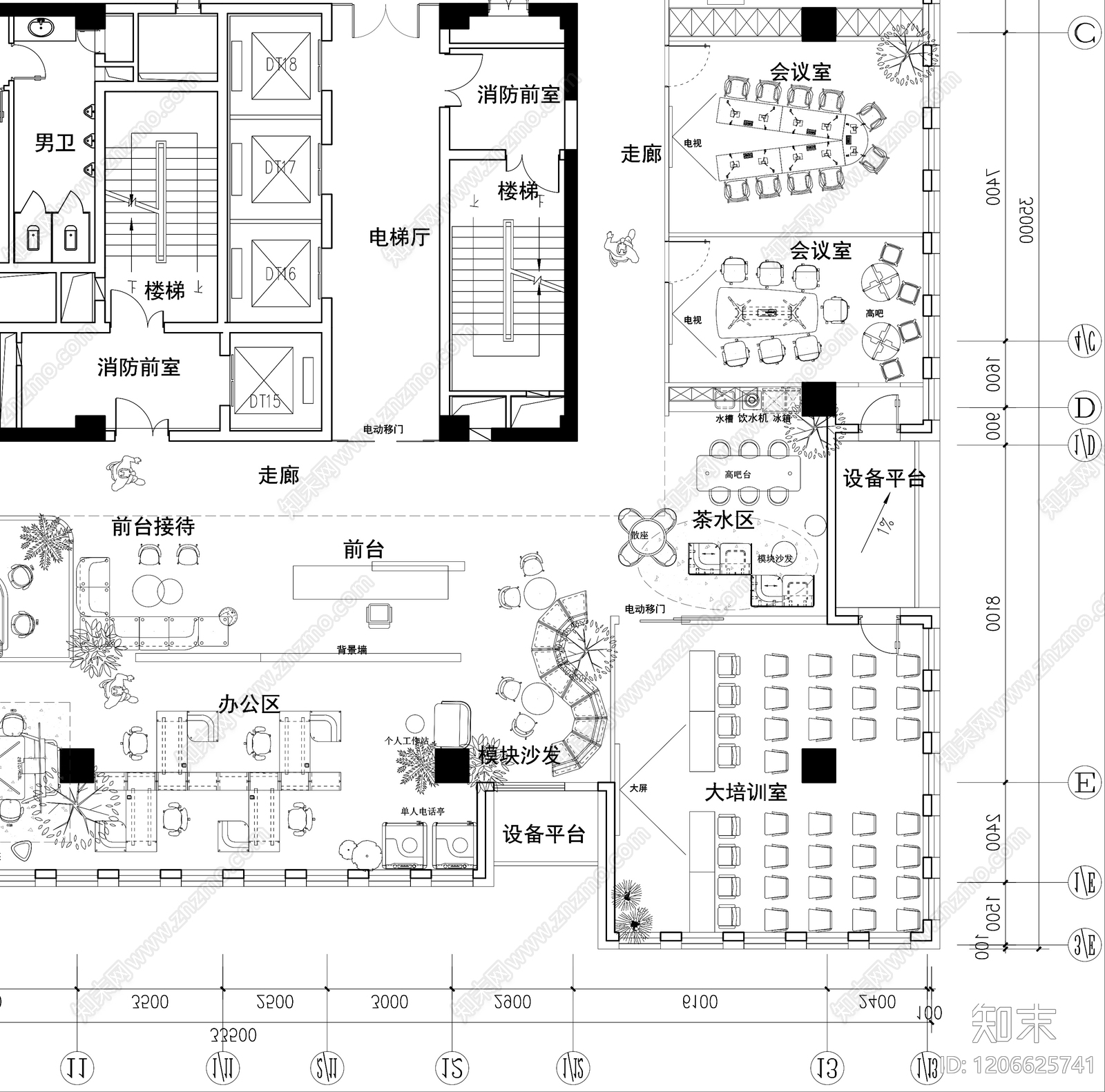 现代开放办公室cad施工图下载【ID:1206625741】