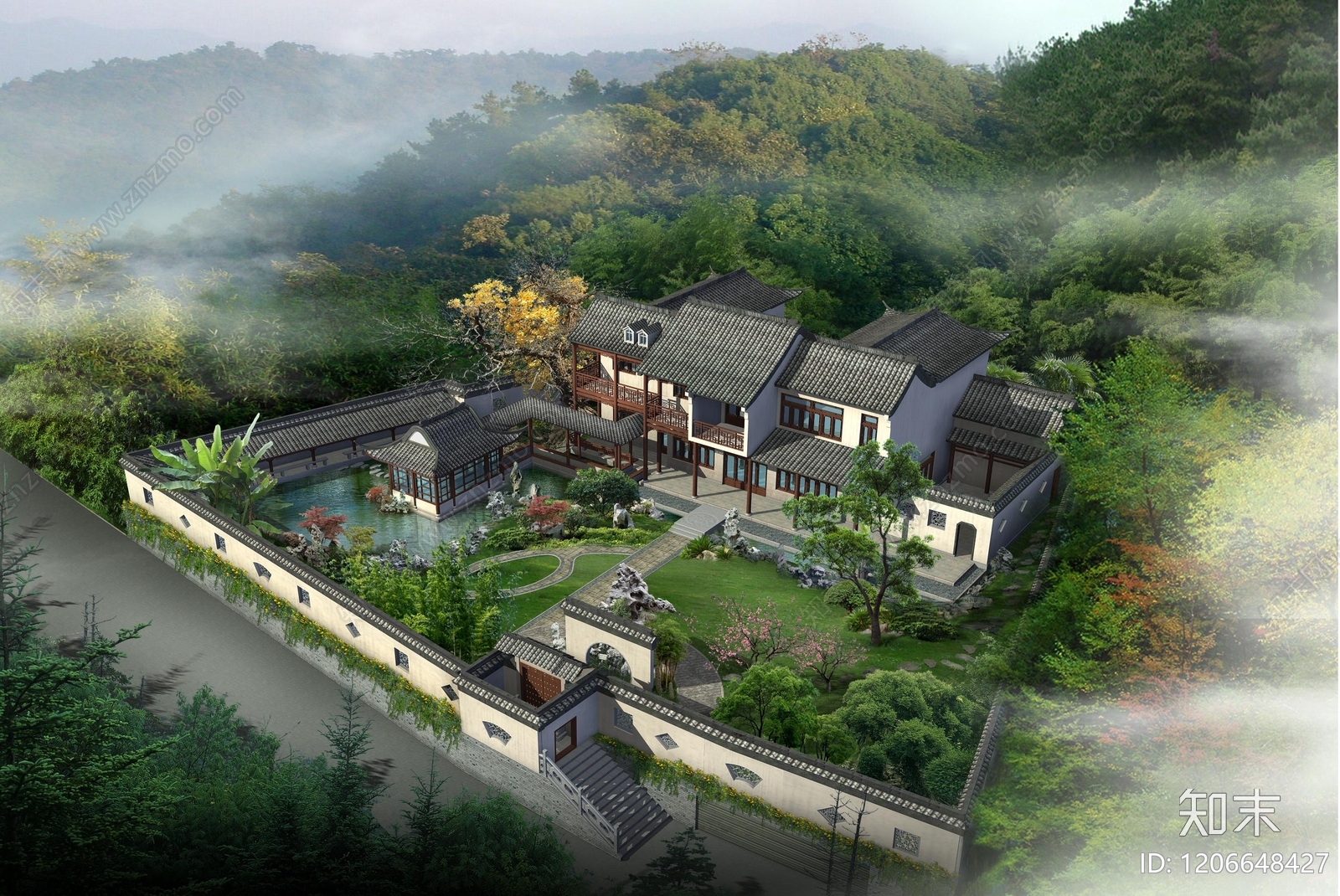 新中式中式住宅鸟瞰图下载【ID:1206648427】