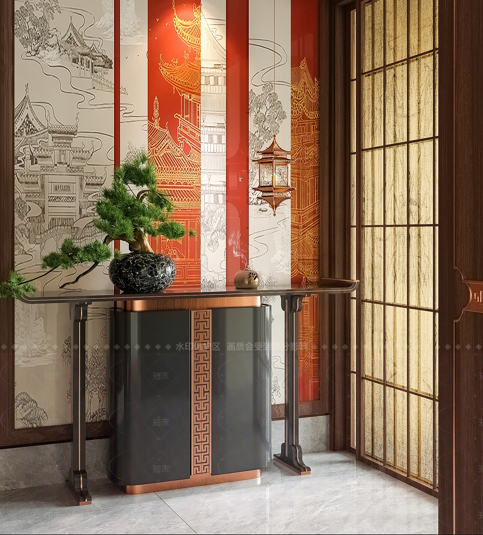 新中式轻奢玄关柜3D模型下载【ID:1206653559】