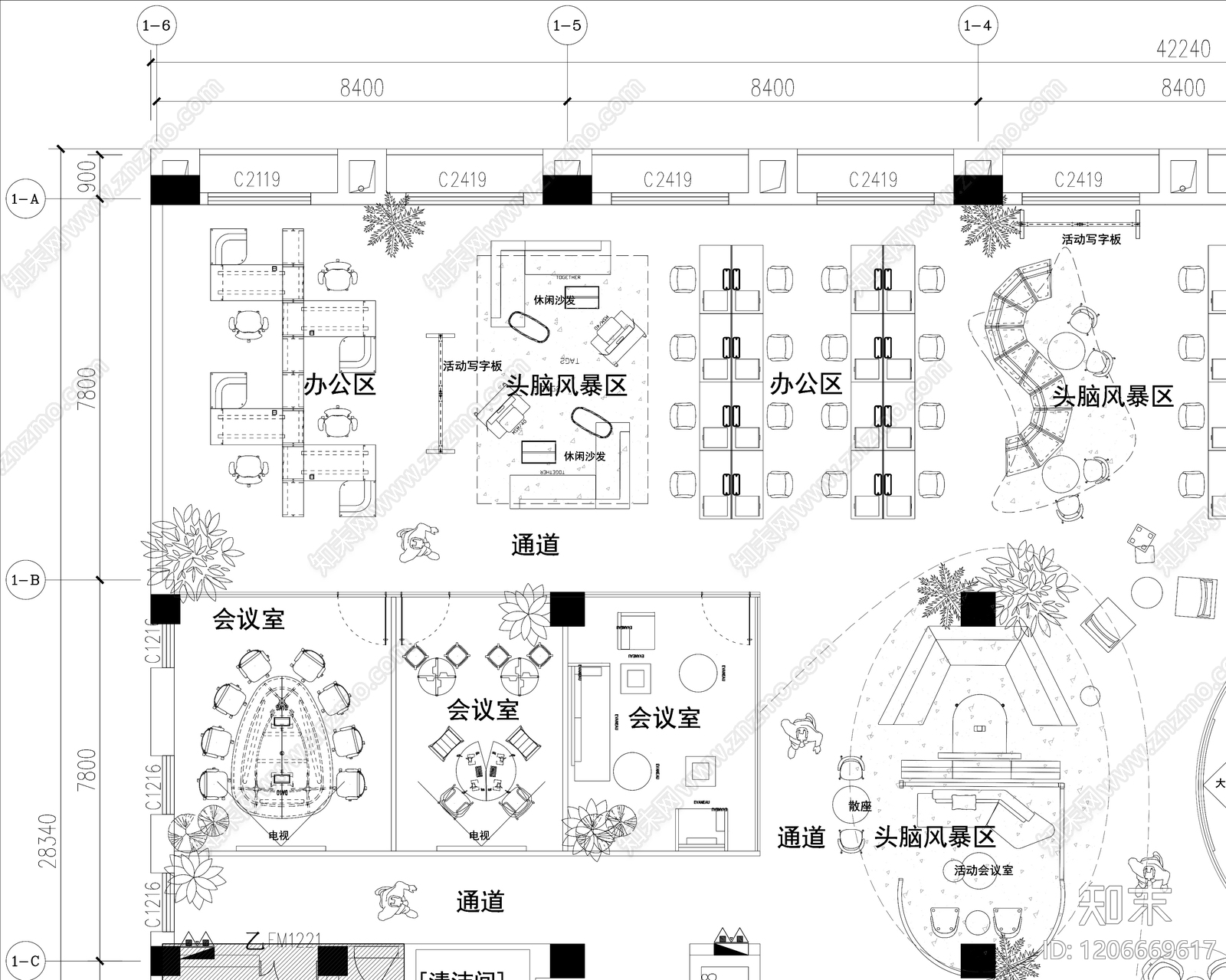现代开放办公室cad施工图下载【ID:1206669617】