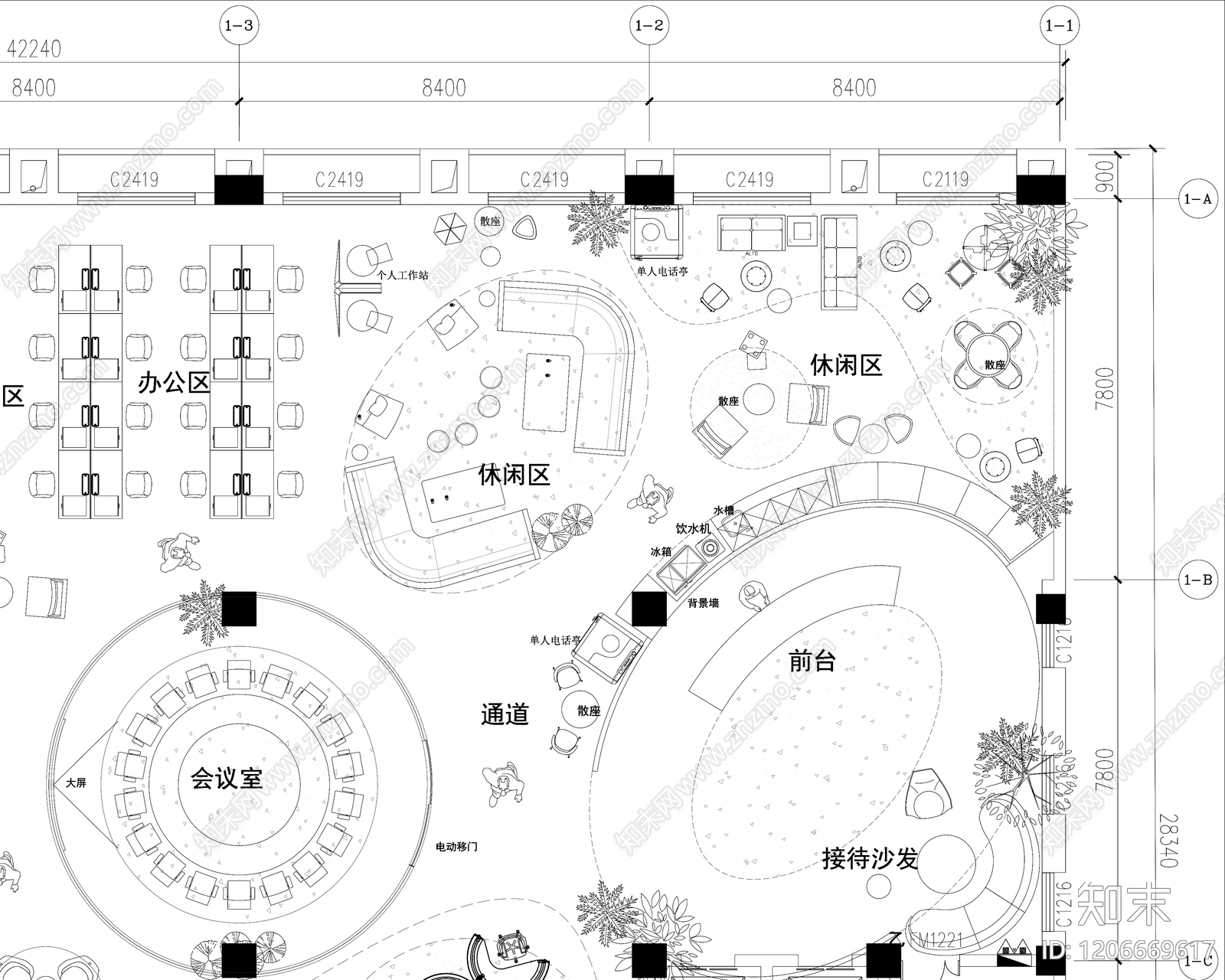 现代开放办公室cad施工图下载【ID:1206669617】