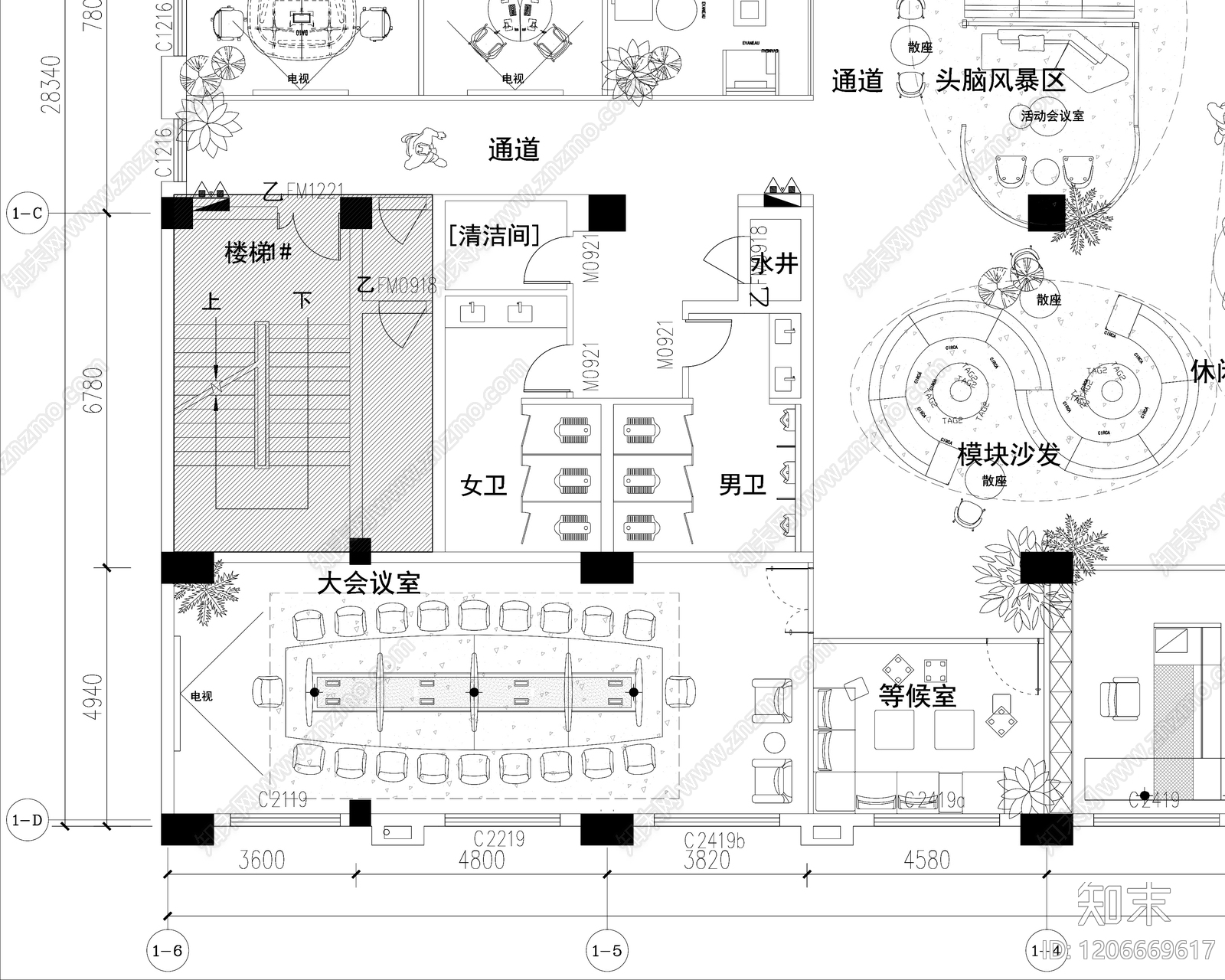 现代开放办公室cad施工图下载【ID:1206669617】