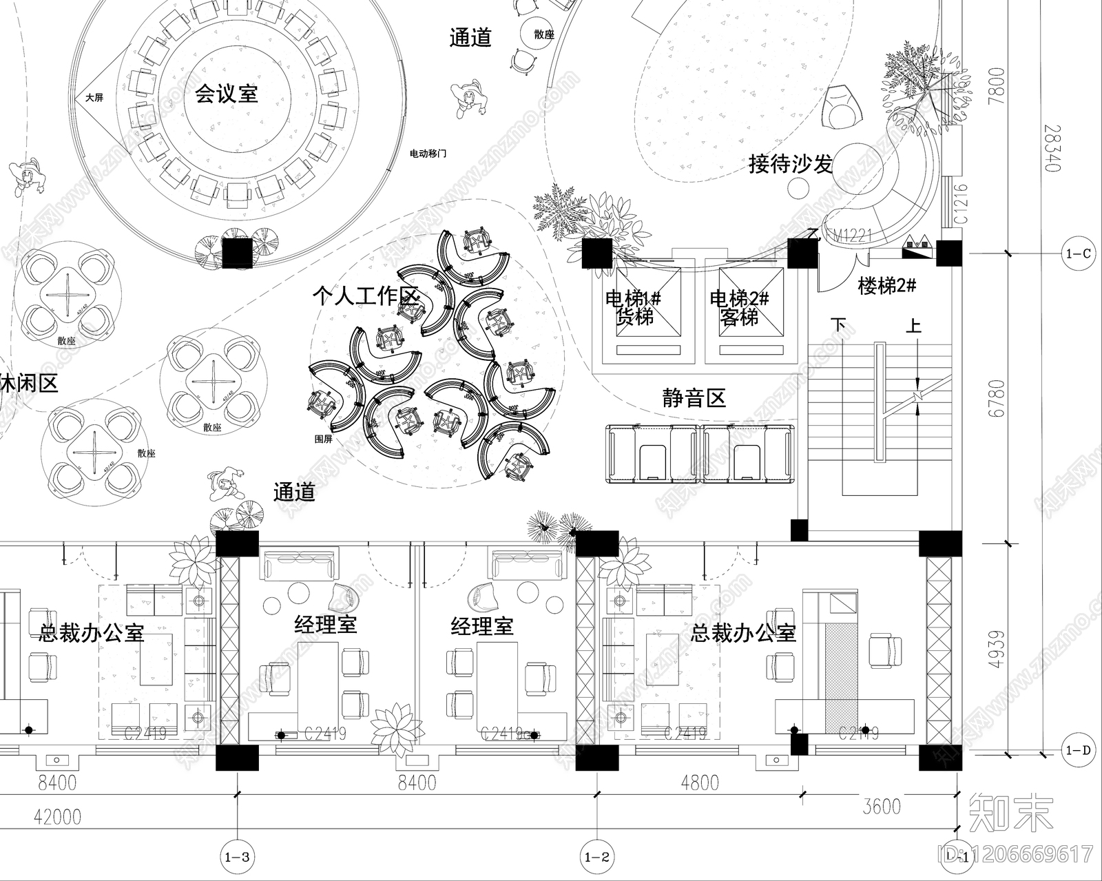 现代开放办公室cad施工图下载【ID:1206669617】