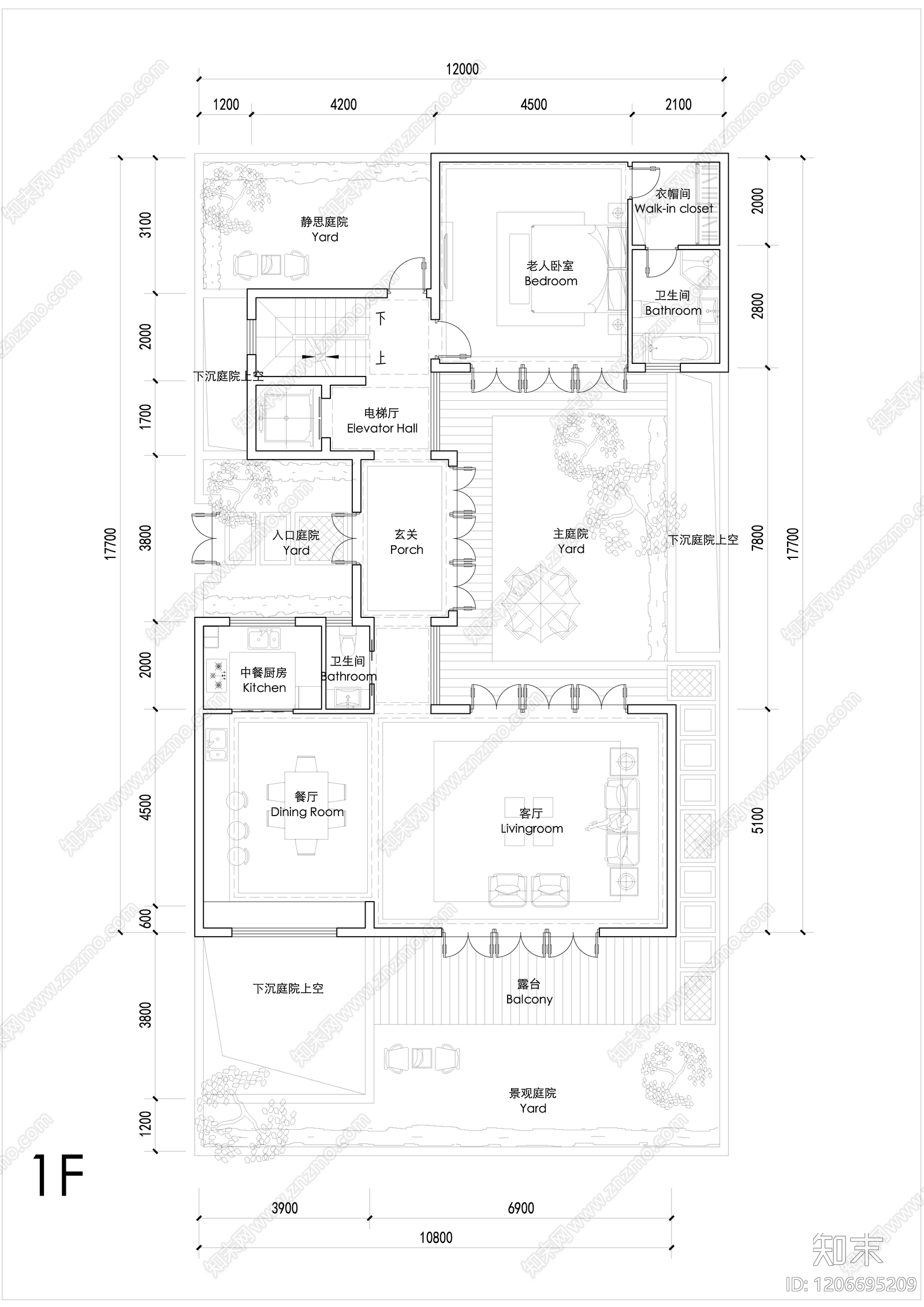 现代新中式别墅建筑施工图下载【ID:1206695209】