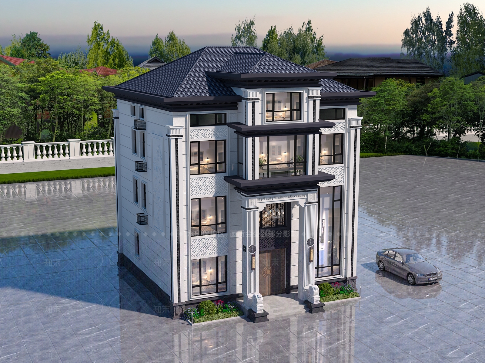 新中式别墅外观3D模型下载【ID:1206724829】