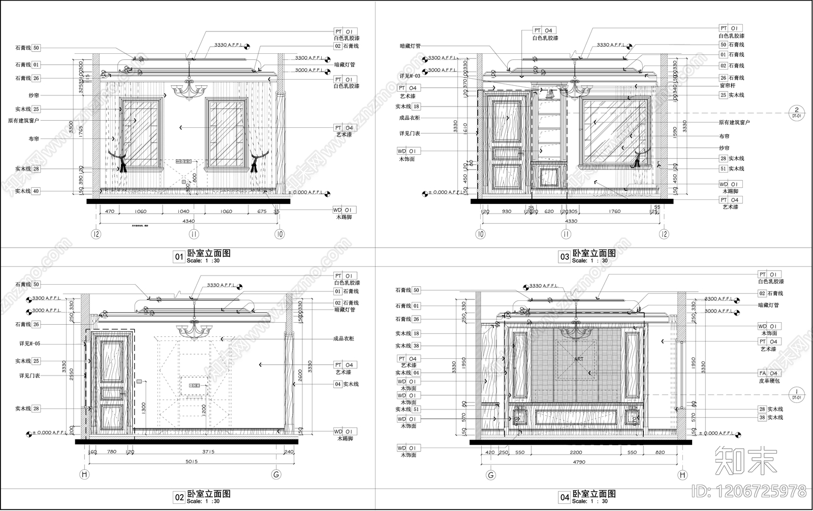 欧式法式卧室施工图下载【ID:1206725978】