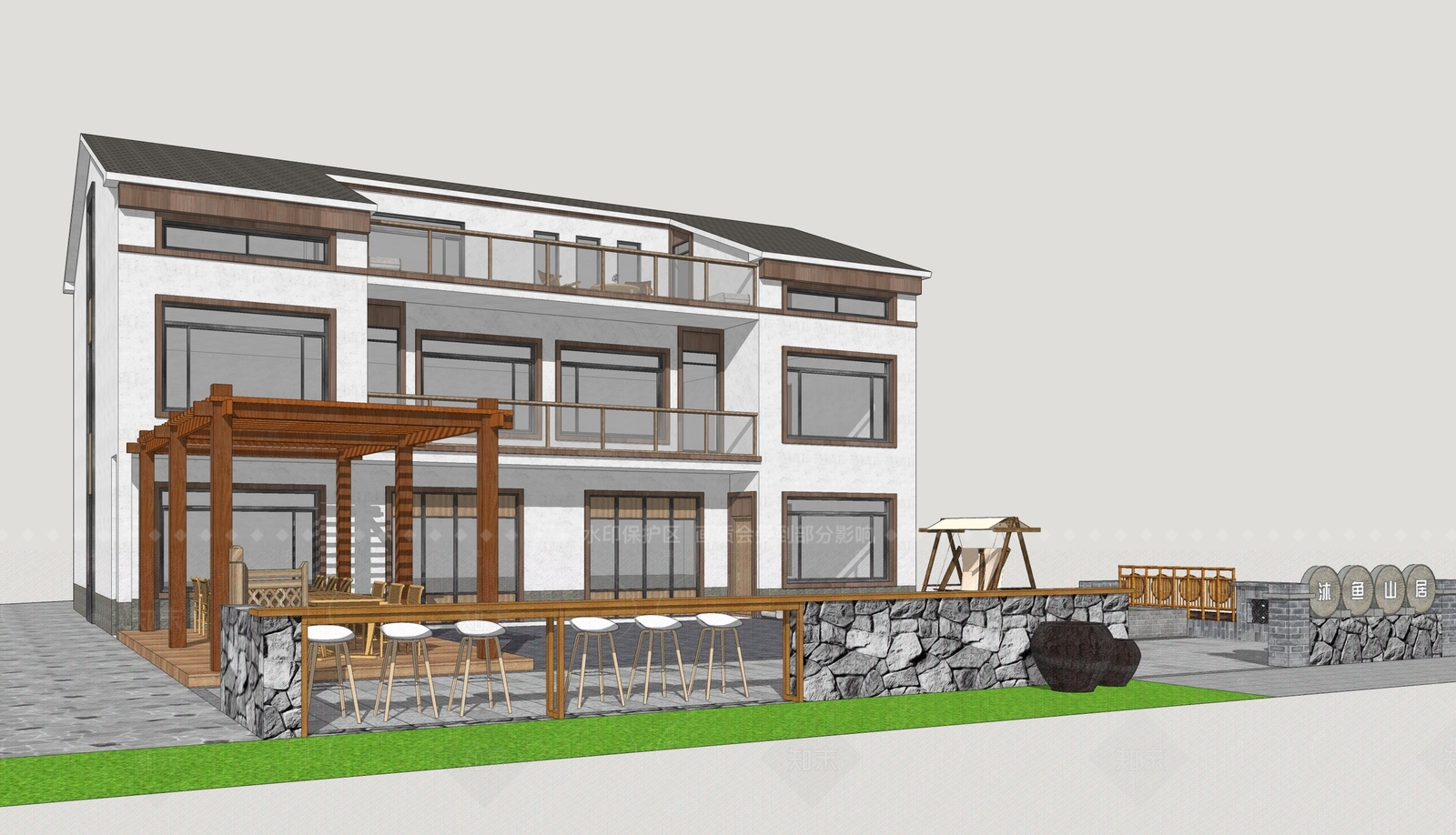 新中式民宿建筑SU模型下载【ID:1206775754】