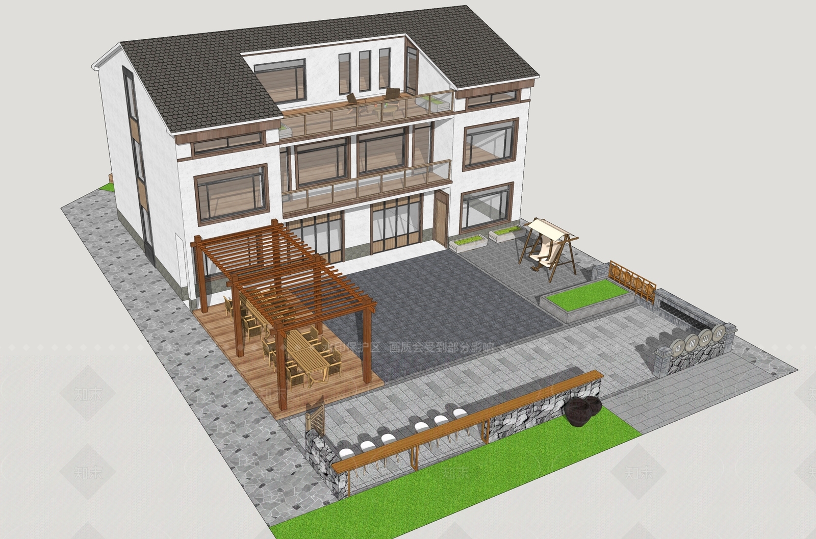 新中式民宿建筑SU模型下载【ID:1206775754】
