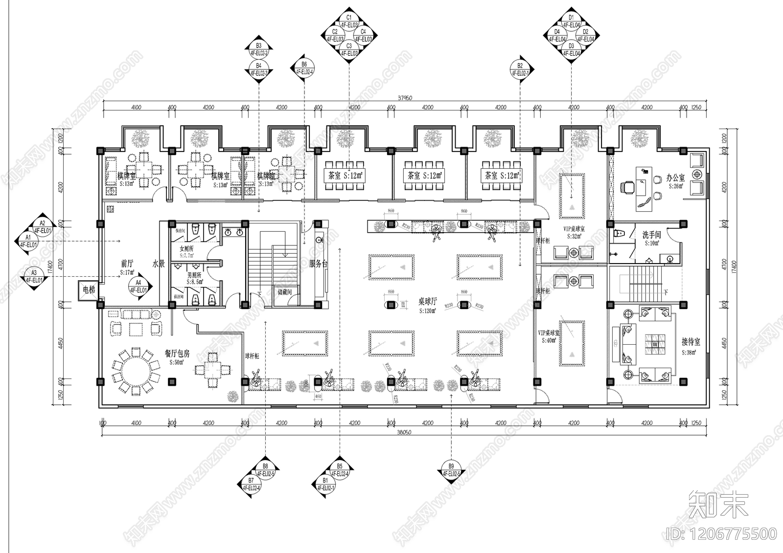 现代新中式棋牌室cad施工图下载【ID:1206775500】