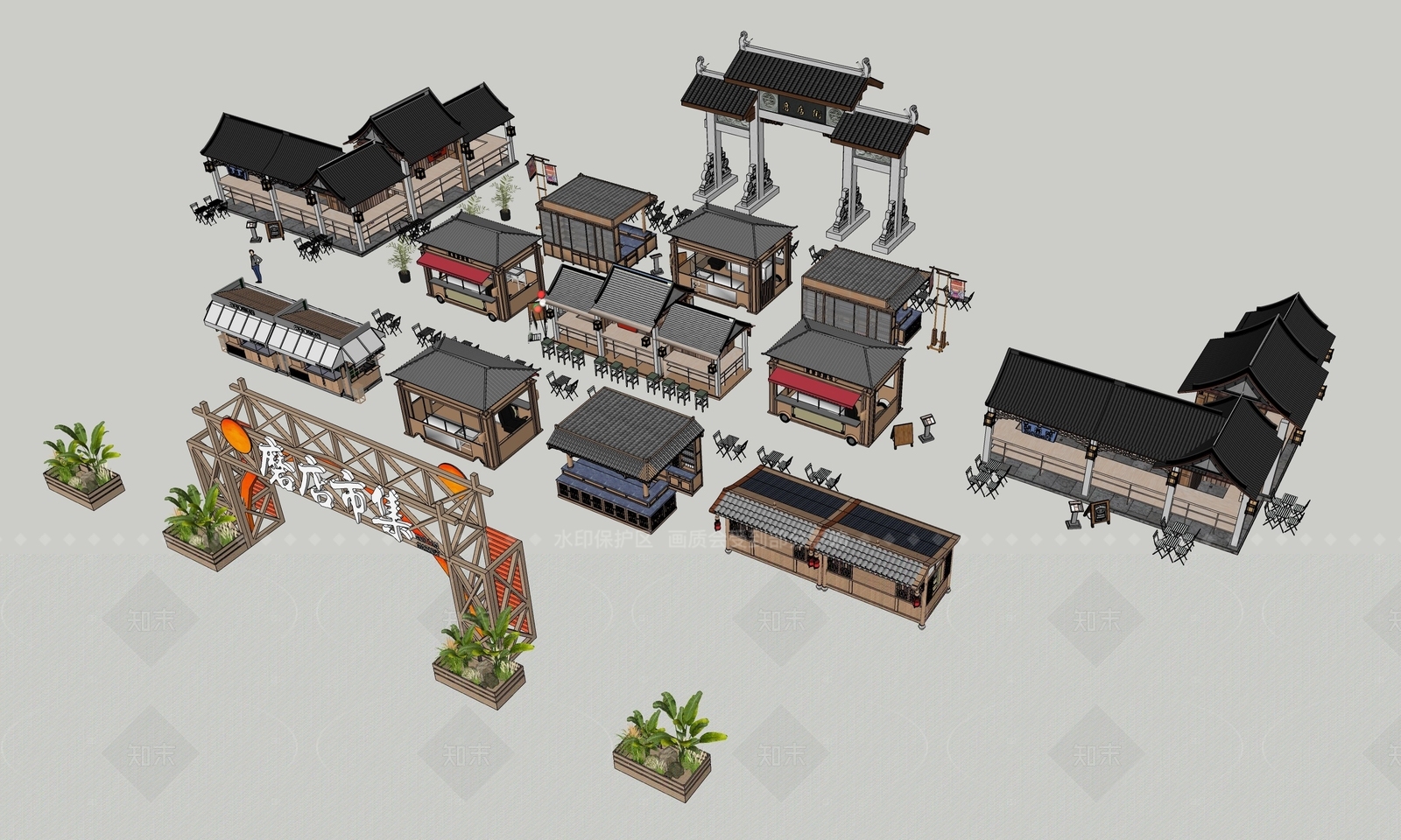 新中式商业街SU模型下载【ID:1206791835】