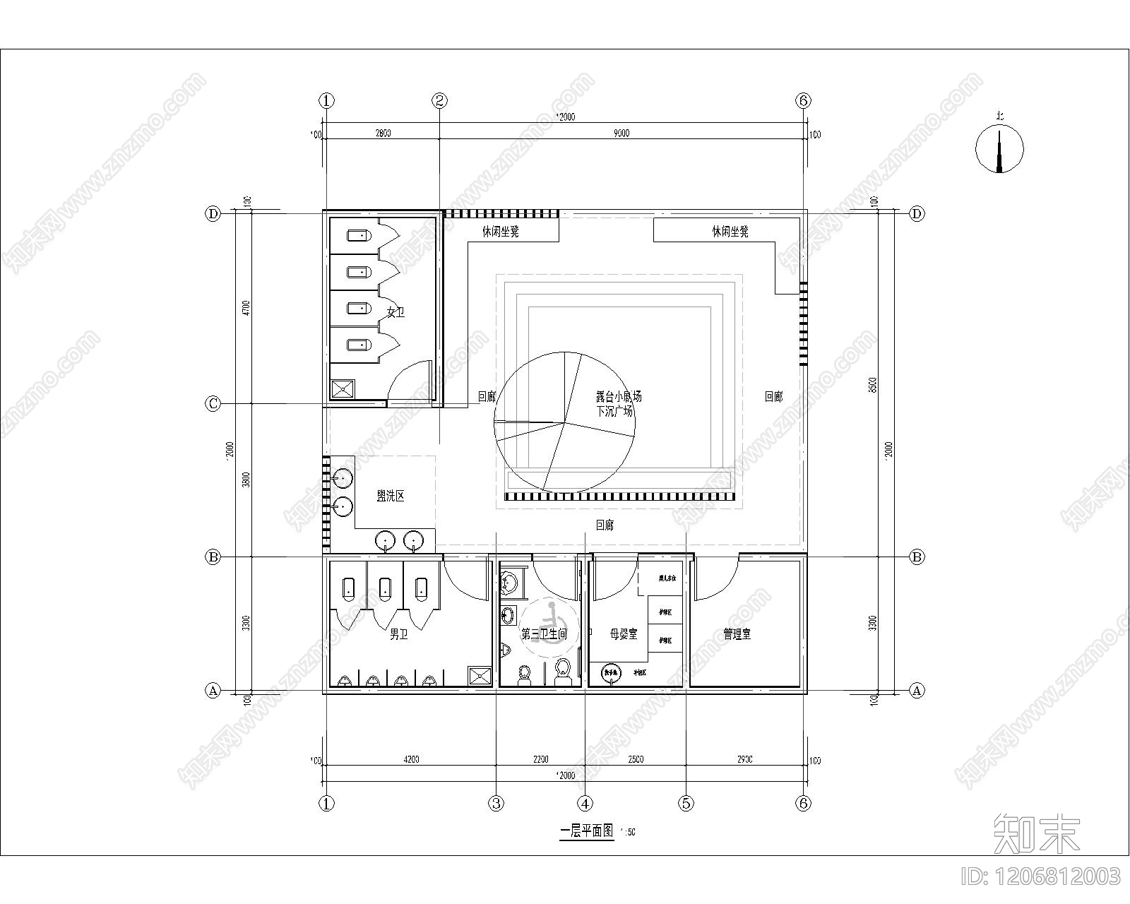 新中式现代公厕cad施工图下载【ID:1206812003】