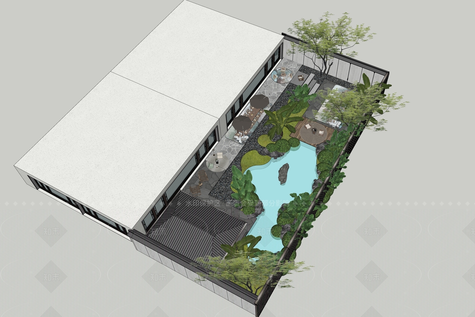 现代新中式别墅庭院SU模型下载【ID:1206828653】