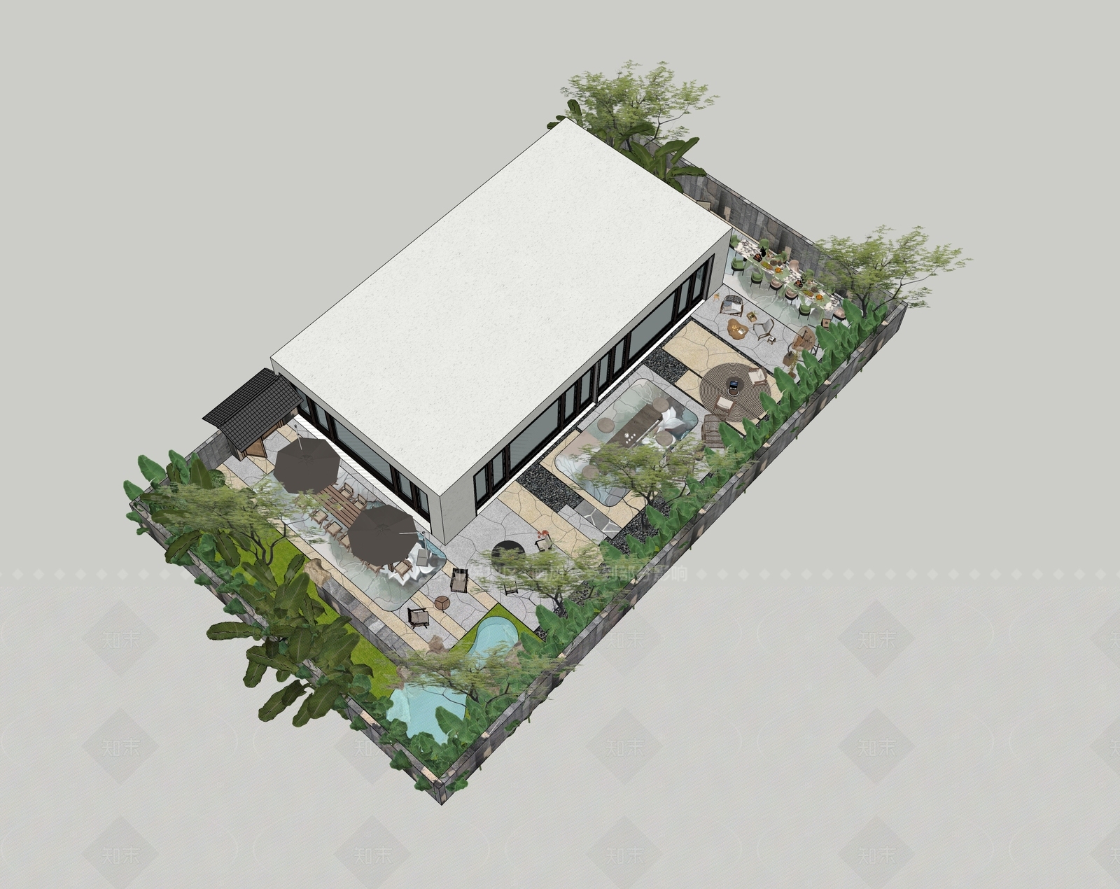 现代新中式别墅庭院SU模型下载【ID:1206828812】