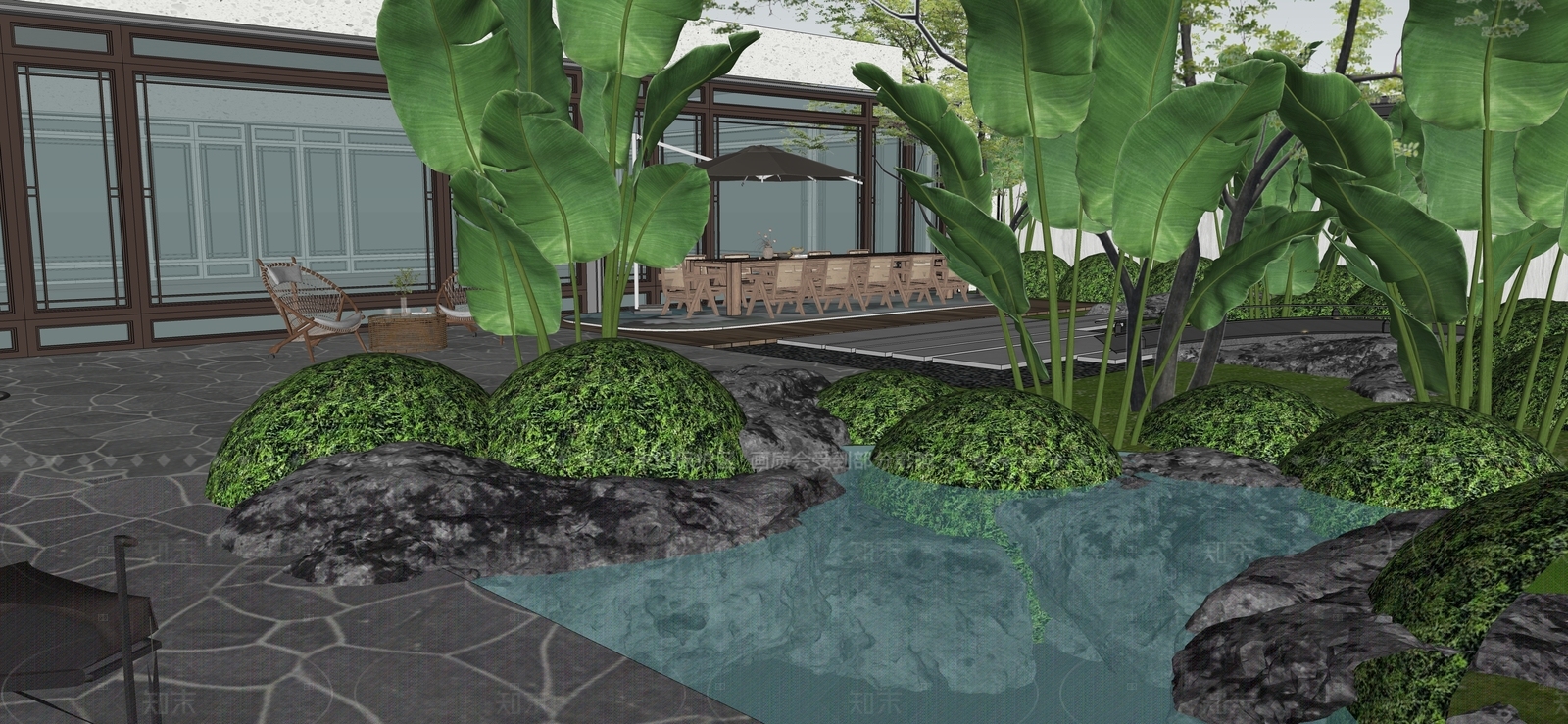 现代新中式别墅庭院SU模型下载【ID:1206828918】