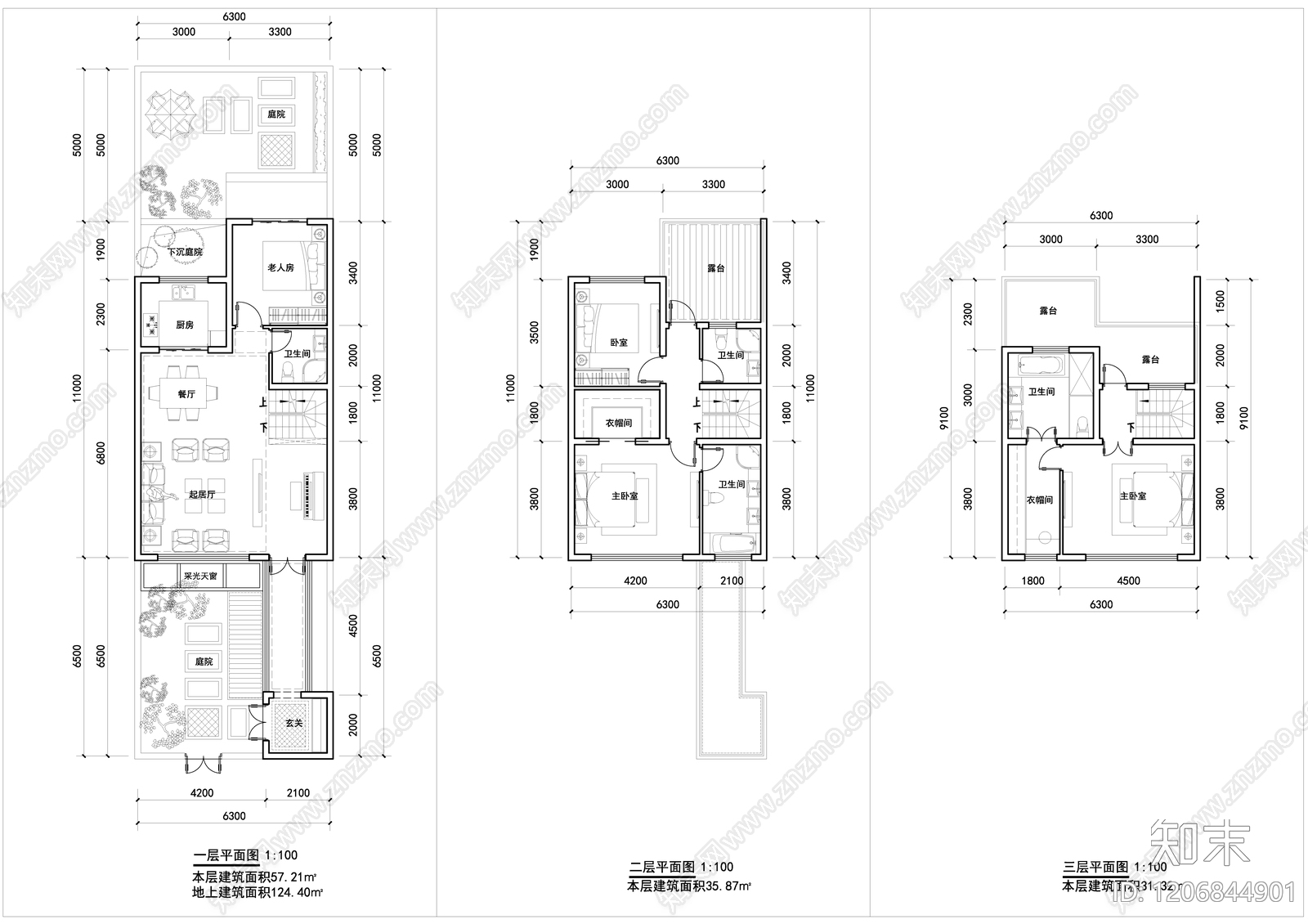 现代新中式别墅建筑施工图下载【ID:1206844901】