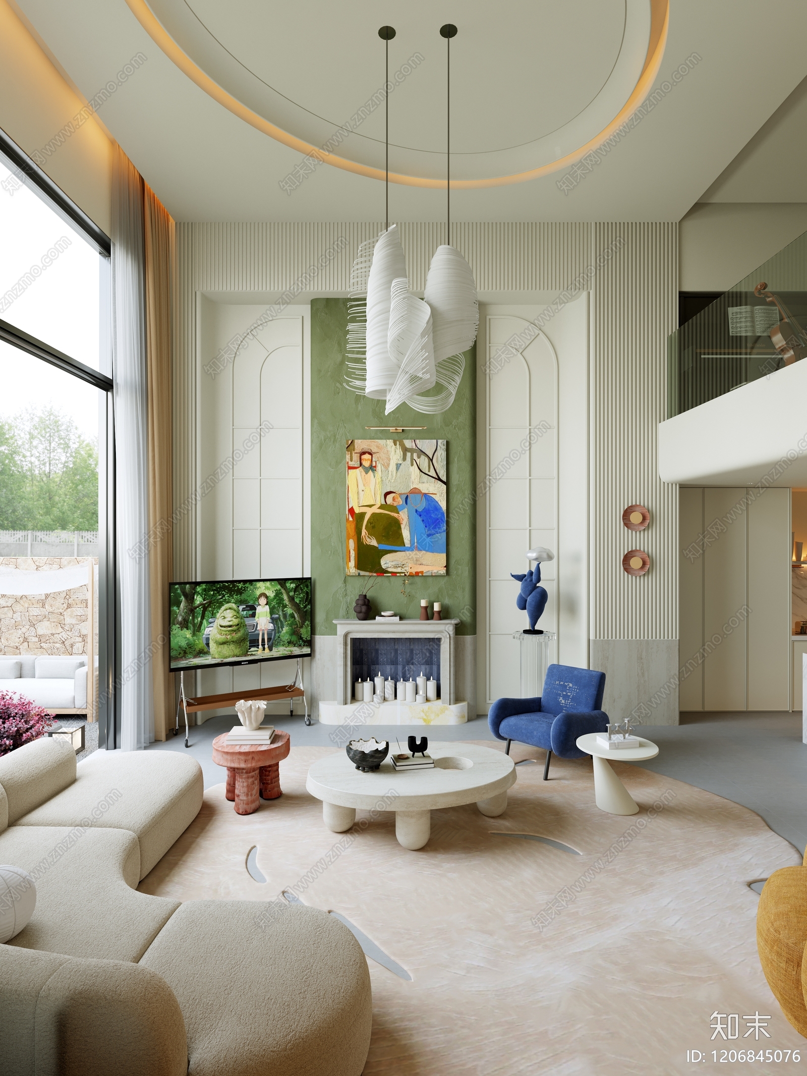 现代奶油别墅客餐厅3D模型下载【ID:1206845076】