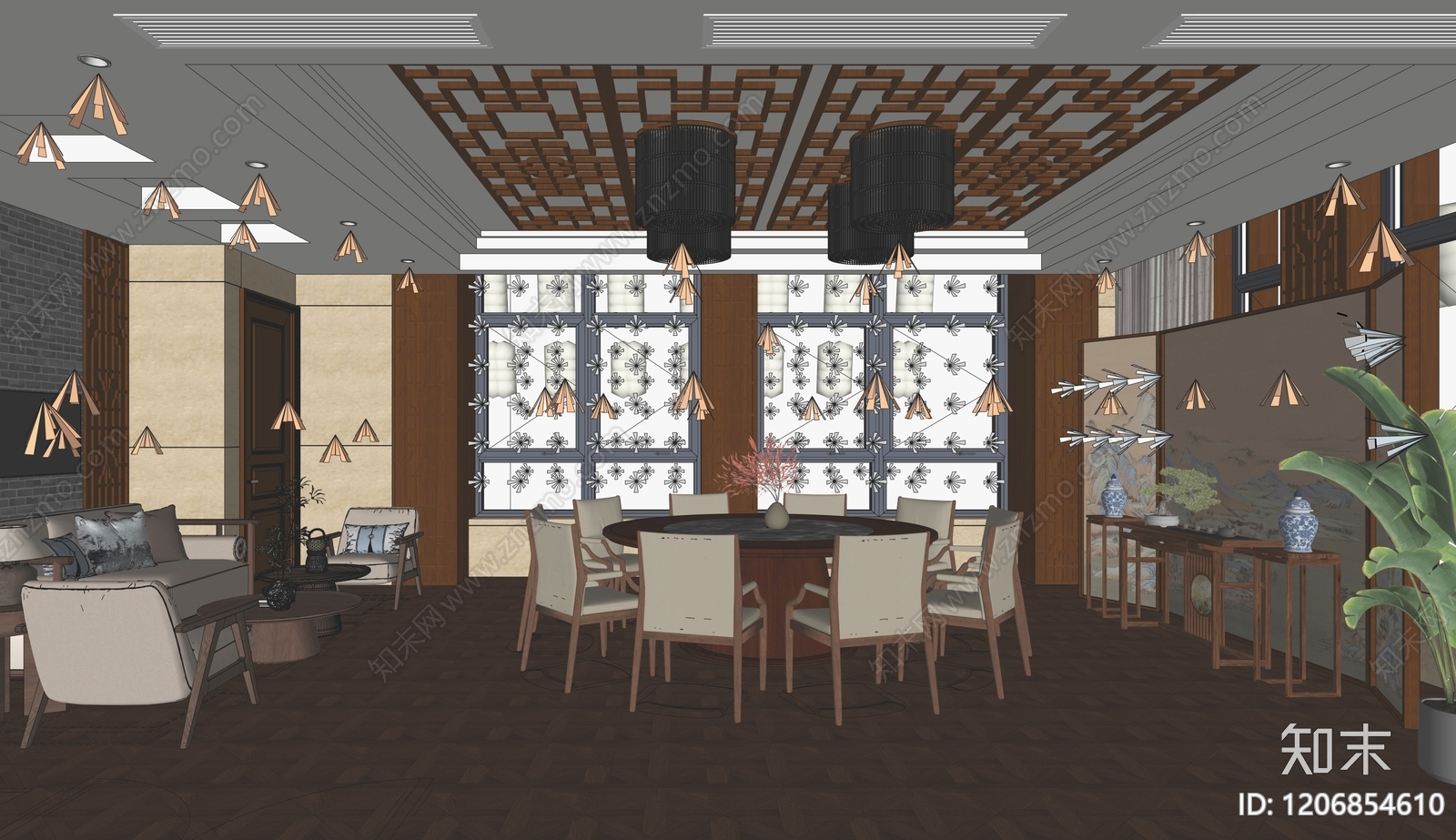 新中式中餐厅SU模型下载【ID:1206854610】