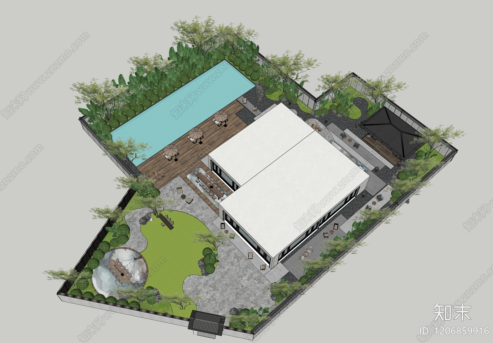 现代新中式别墅庭院SU模型下载【ID:1206859916】