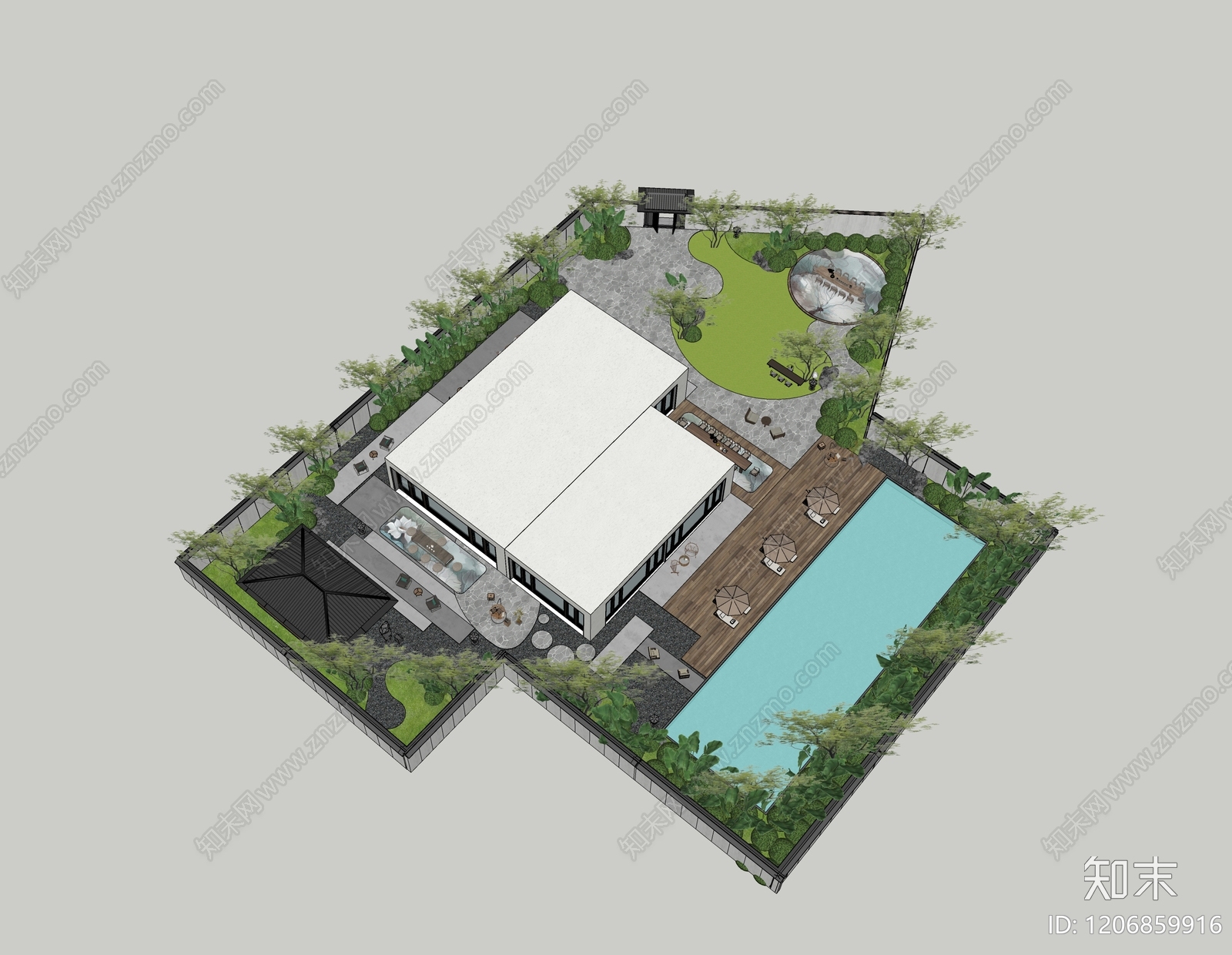 现代新中式别墅庭院SU模型下载【ID:1206859916】