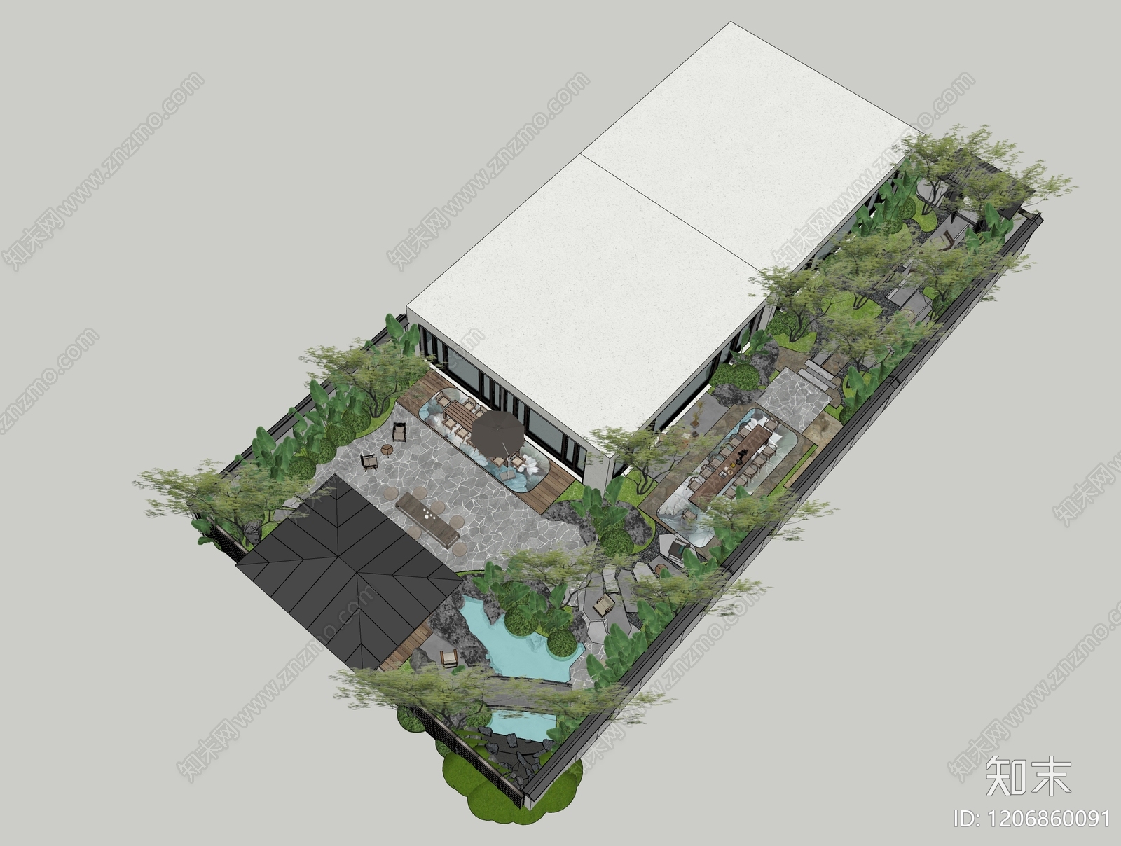 现代新中式别墅庭院SU模型下载【ID:1206860091】