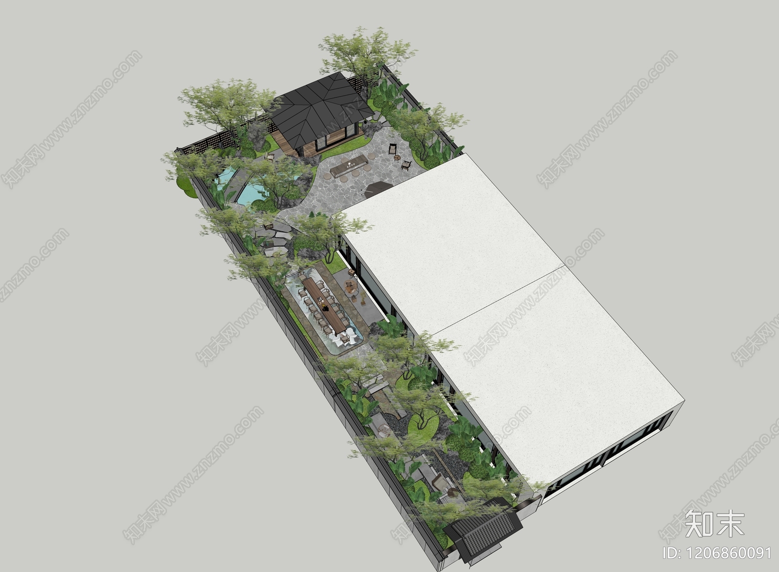 现代新中式别墅庭院SU模型下载【ID:1206860091】