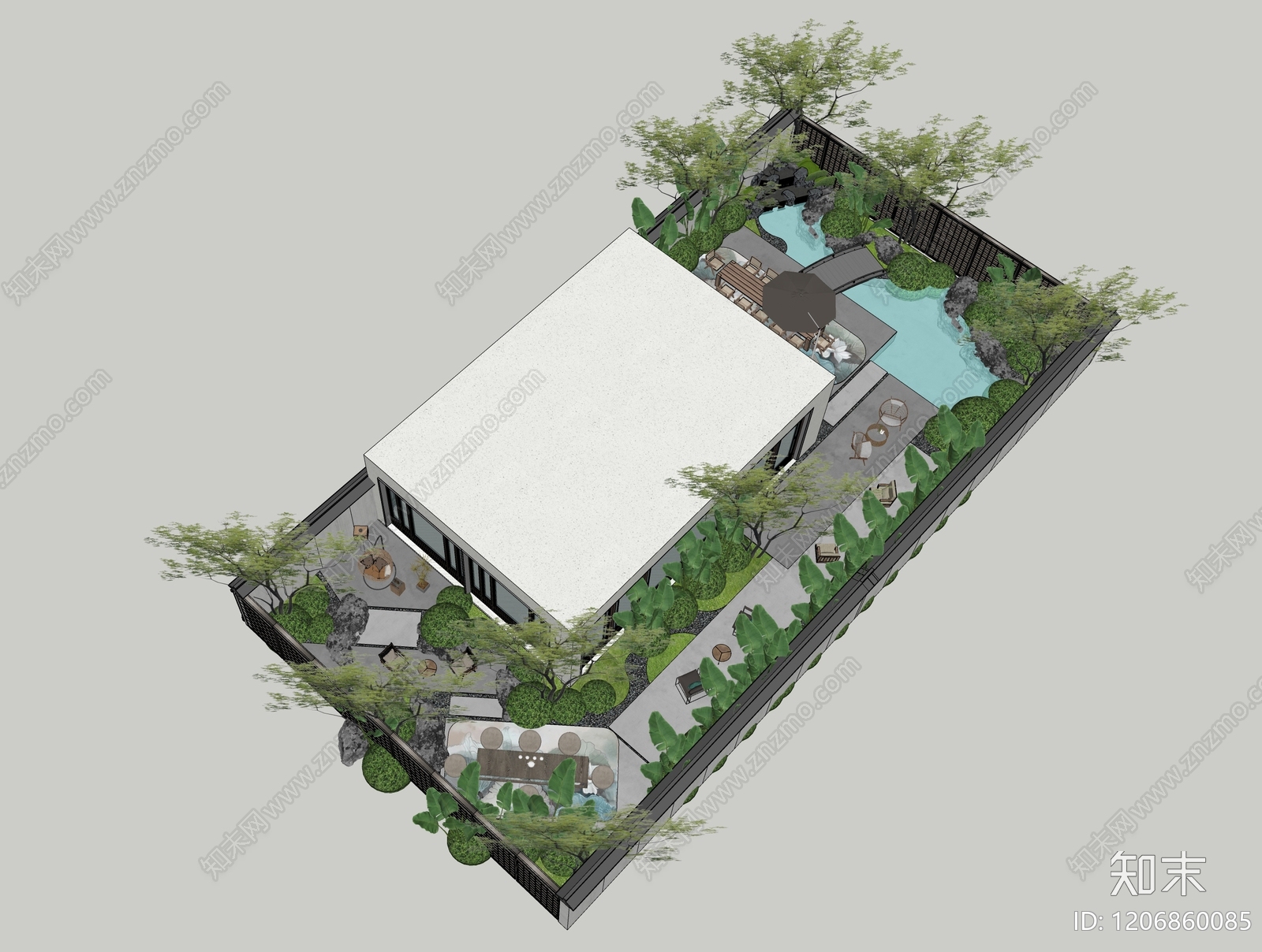 现代新中式别墅庭院SU模型下载【ID:1206860085】