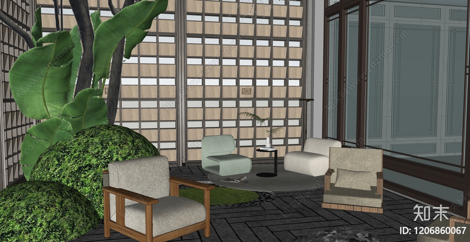 现代新中式别墅庭院SU模型下载【ID:1206860067】