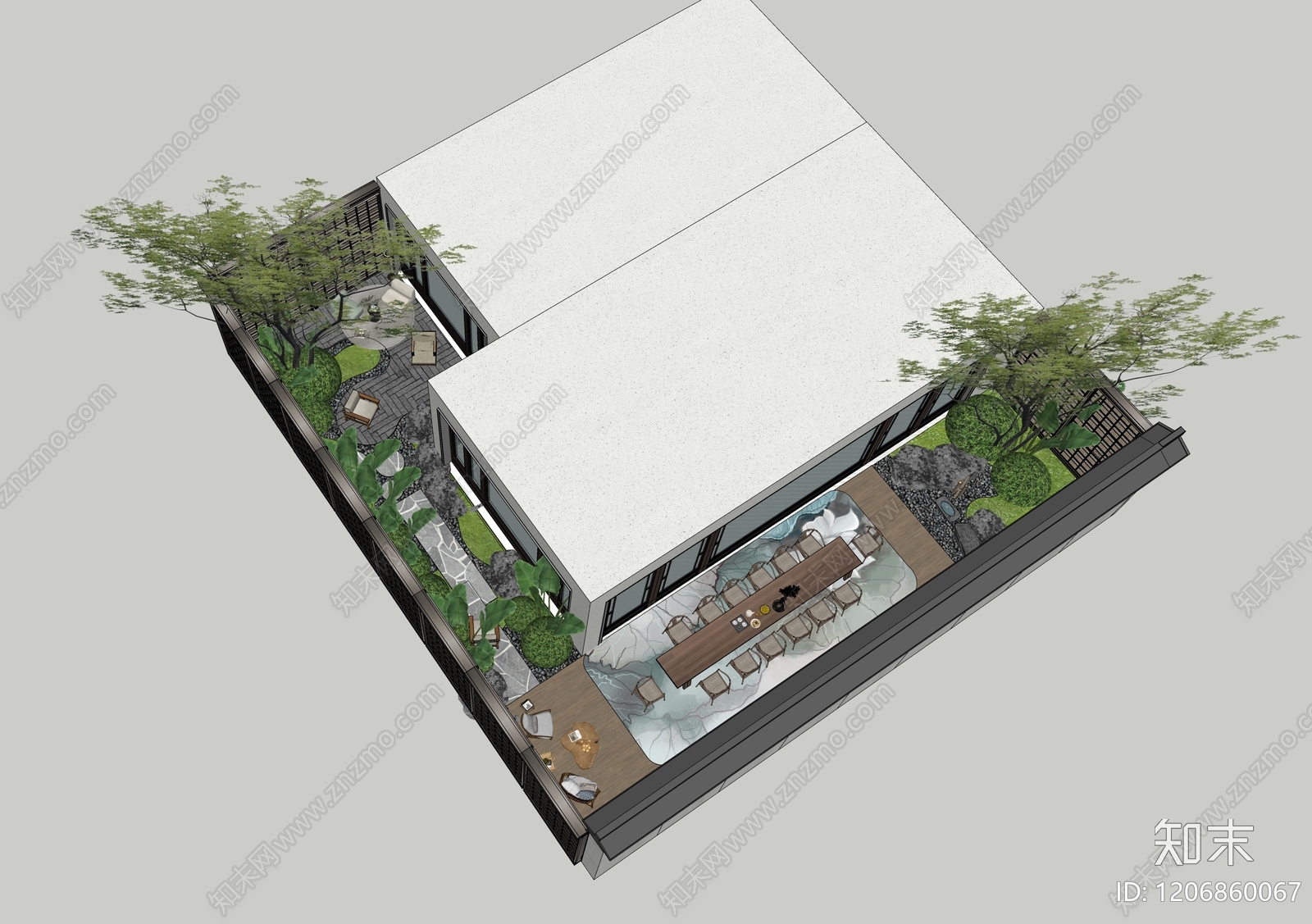 现代新中式别墅庭院SU模型下载【ID:1206860067】