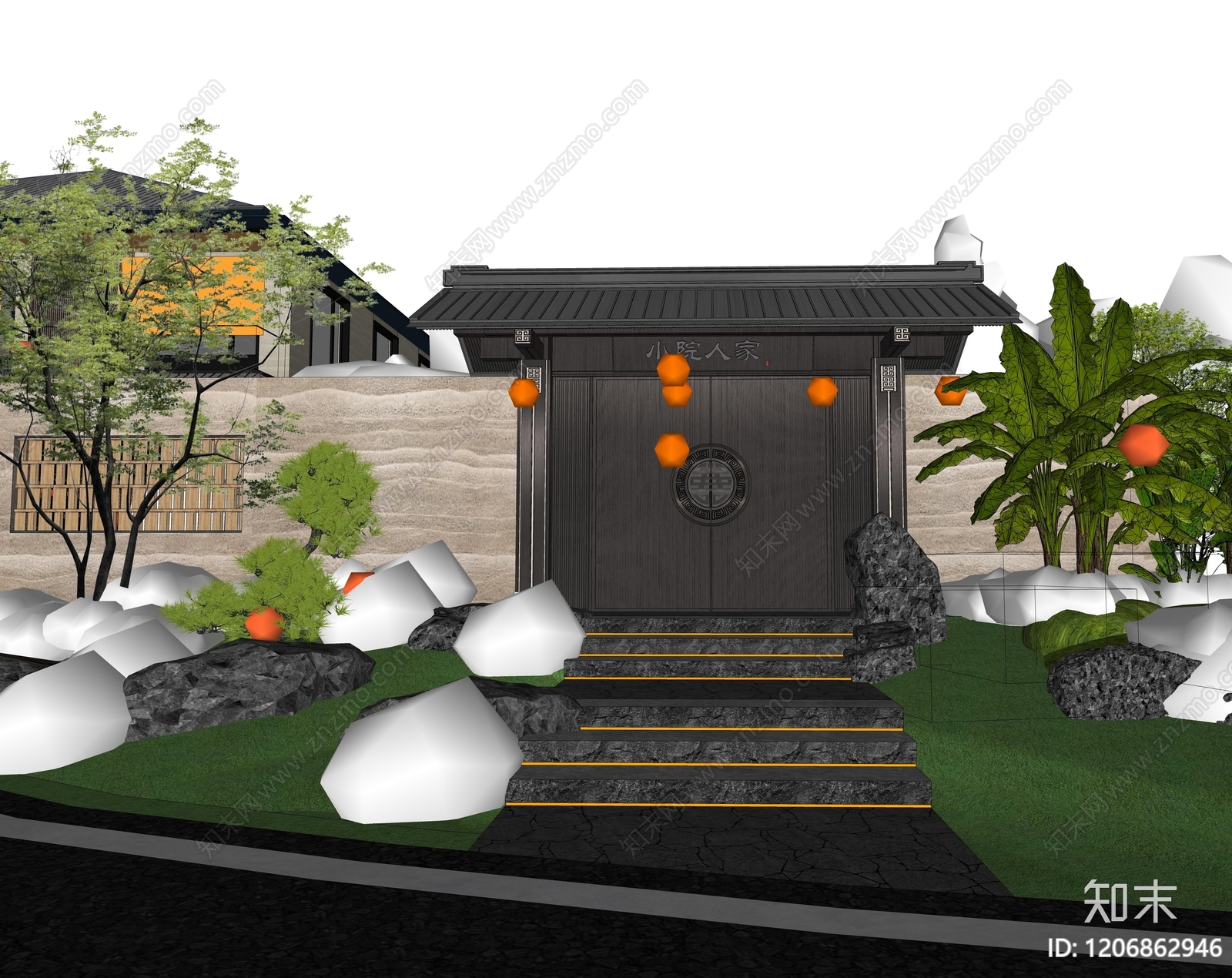 新中式禅意别墅庭院SU模型下载【ID:1206862946】