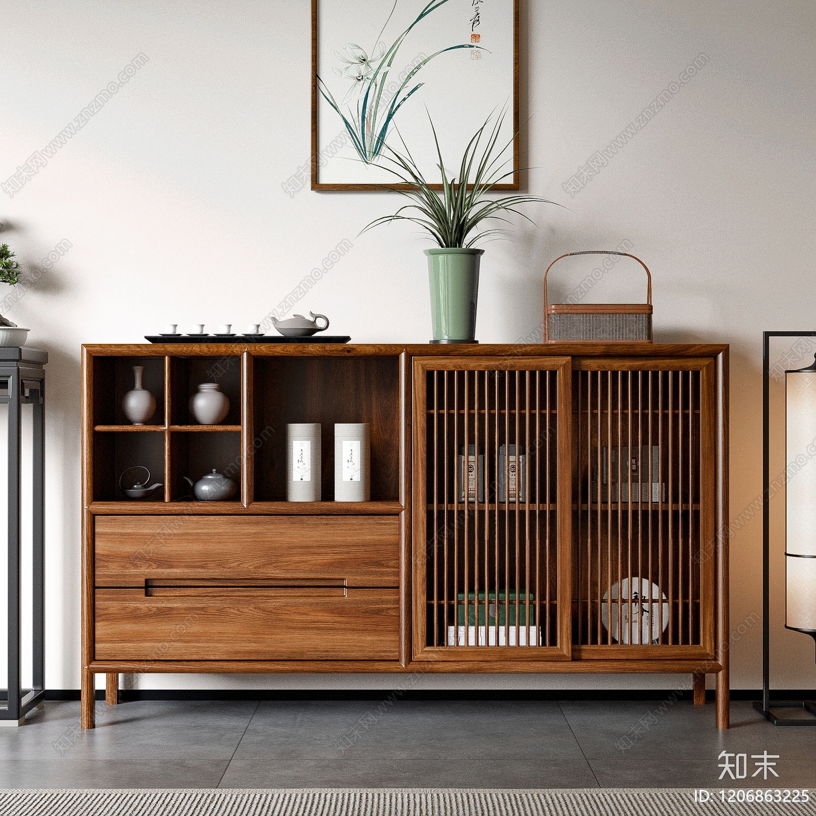 新中式餐边柜SU模型下载【ID:1206863225】