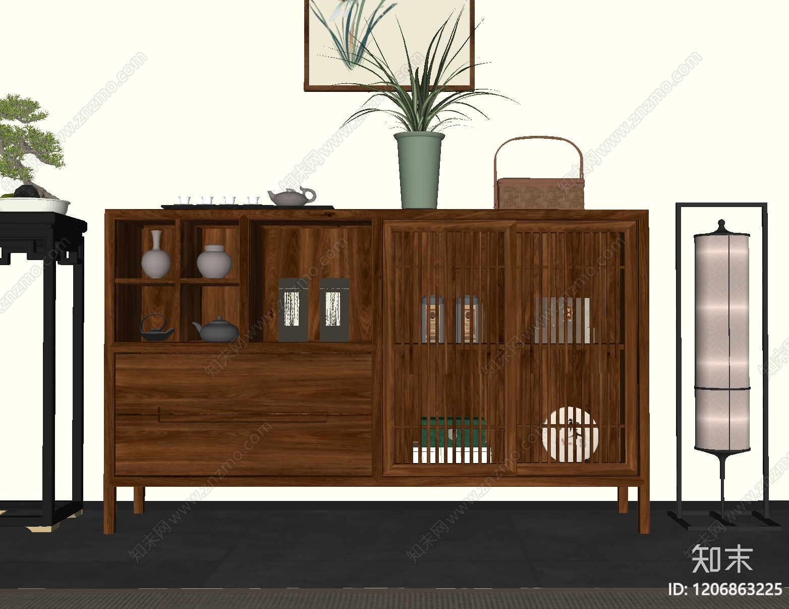 新中式餐边柜SU模型下载【ID:1206863225】