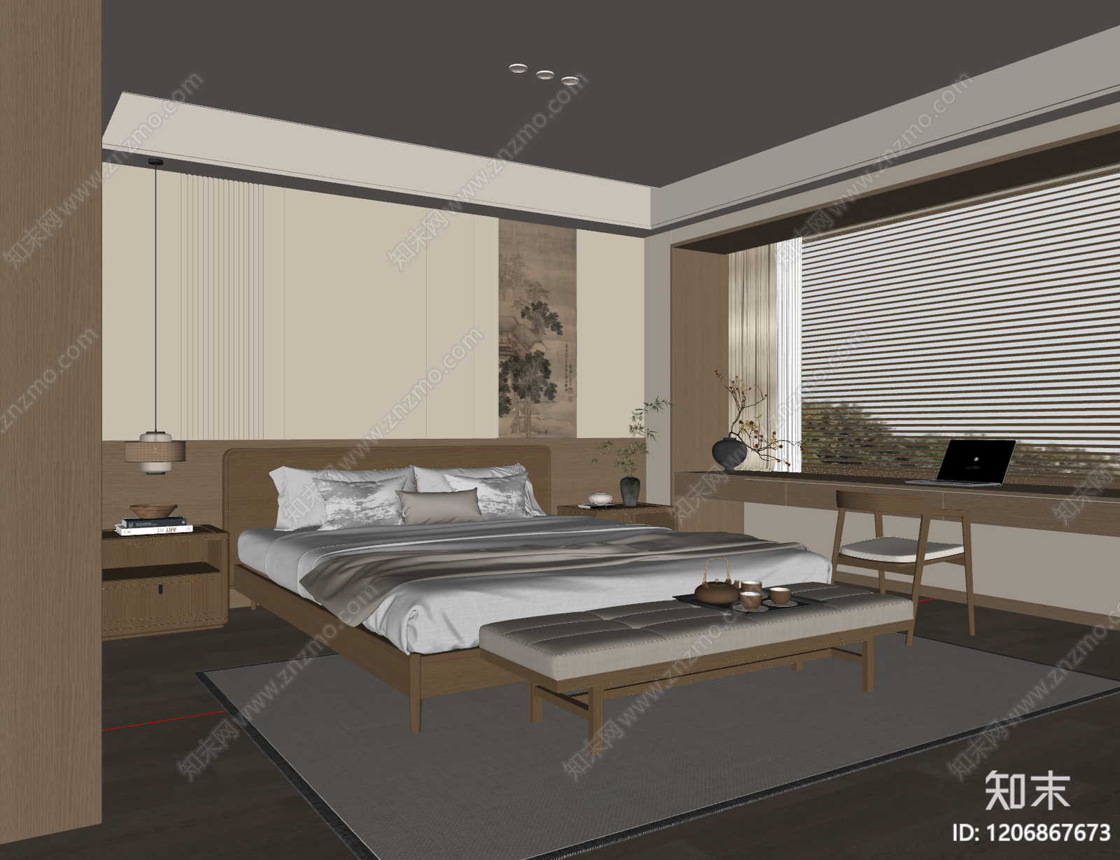 新中式家居卧室SU模型下载【ID:1206867673】