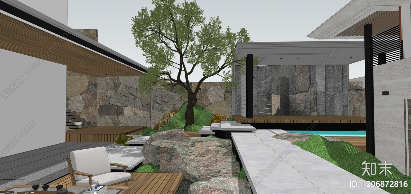 现代禅意别墅庭院SU模型下载【ID:1206872816】