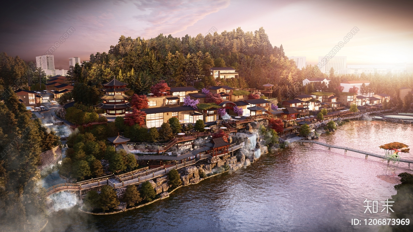 新中式原木商业街SU模型下载【ID:1206873969】