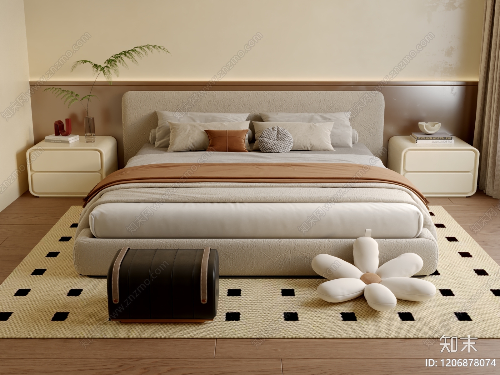 现代奶油双人床3D模型下载【ID:1206878074】