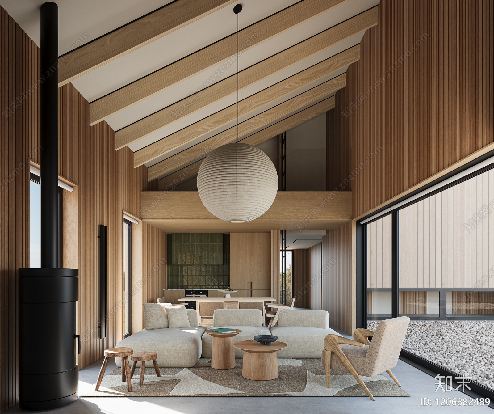 原木北欧别墅客厅3D模型下载【ID:1206882489】