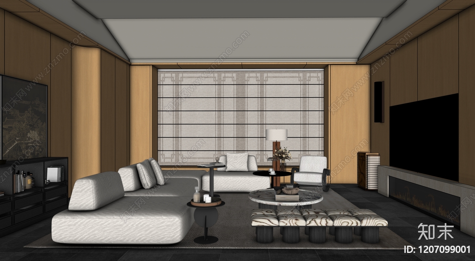 现代新中式别墅客厅SU模型下载【ID:1207099001】