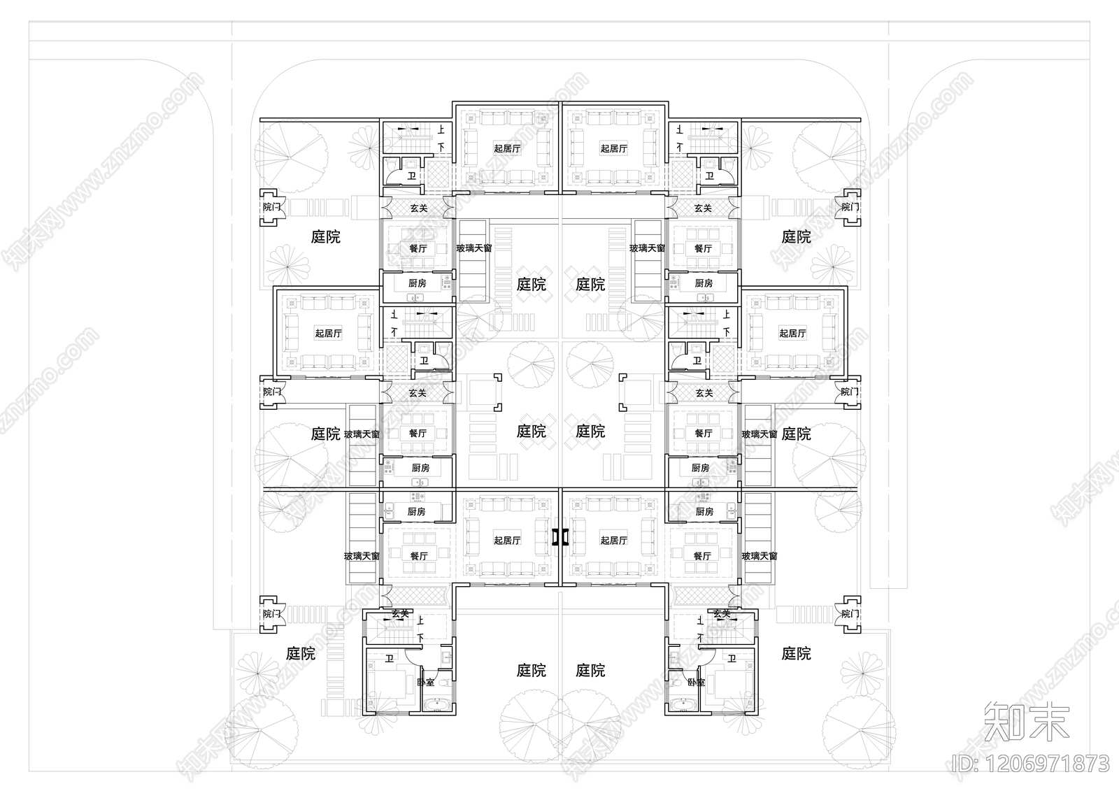 现代新中式四合院施工图下载【ID:1206971873】