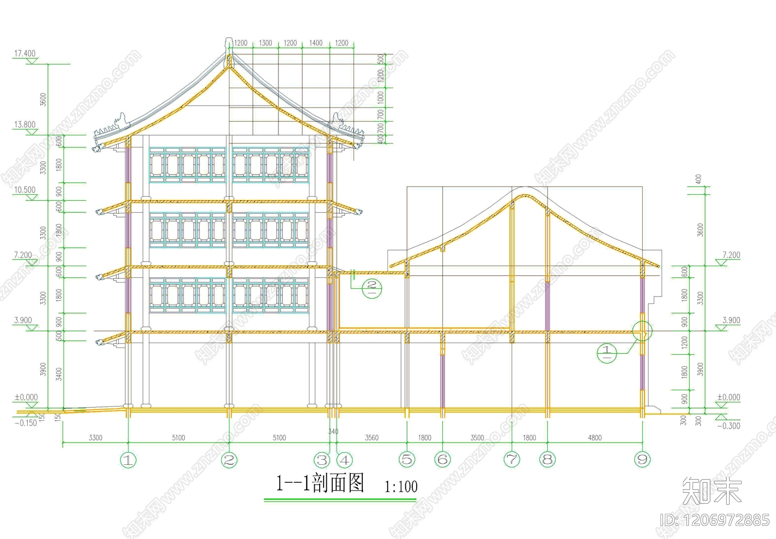 仿古建筑cad施工图下载【ID:1206972885】