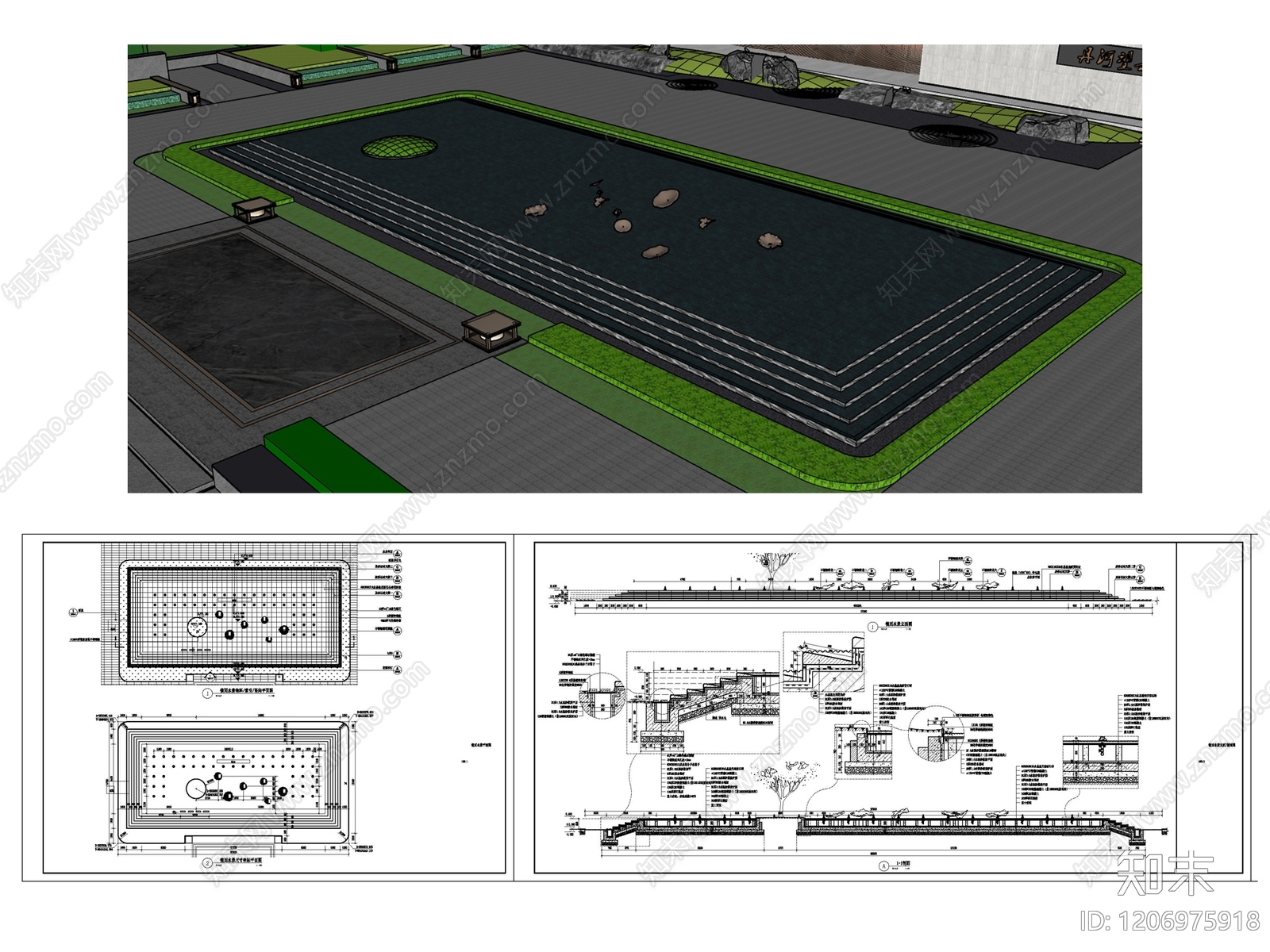 现代新中式广场施工图下载【ID:1206975918】